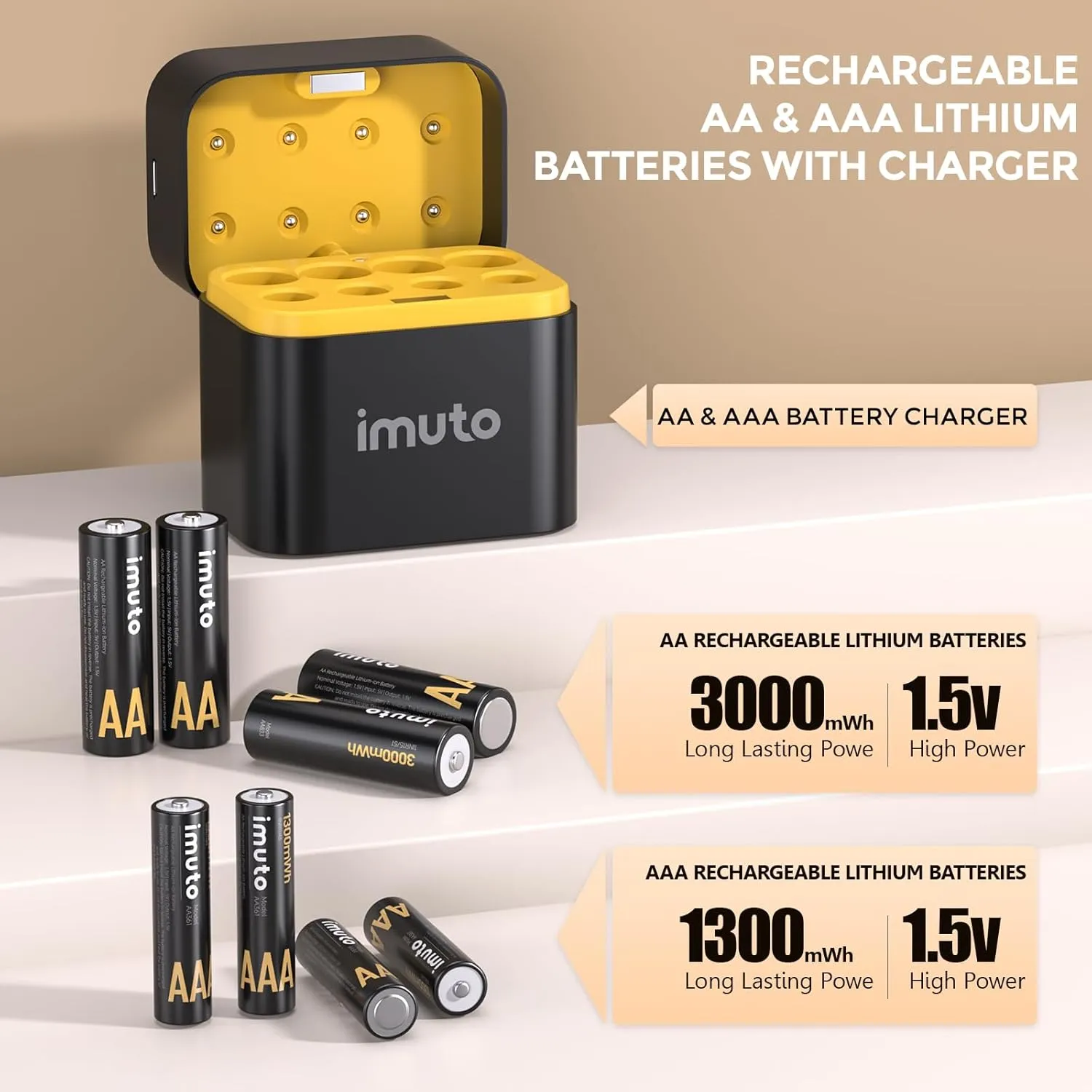 imuto Rechargeable 4 AAA and 4 AA Batteries Lithium with Charger,8 Pack 1.5 V Triple A Double A Batteries Rechargeable, Long Lasting Lithium Battery with Integrated Charging Storage Box(4AAA 4AA)