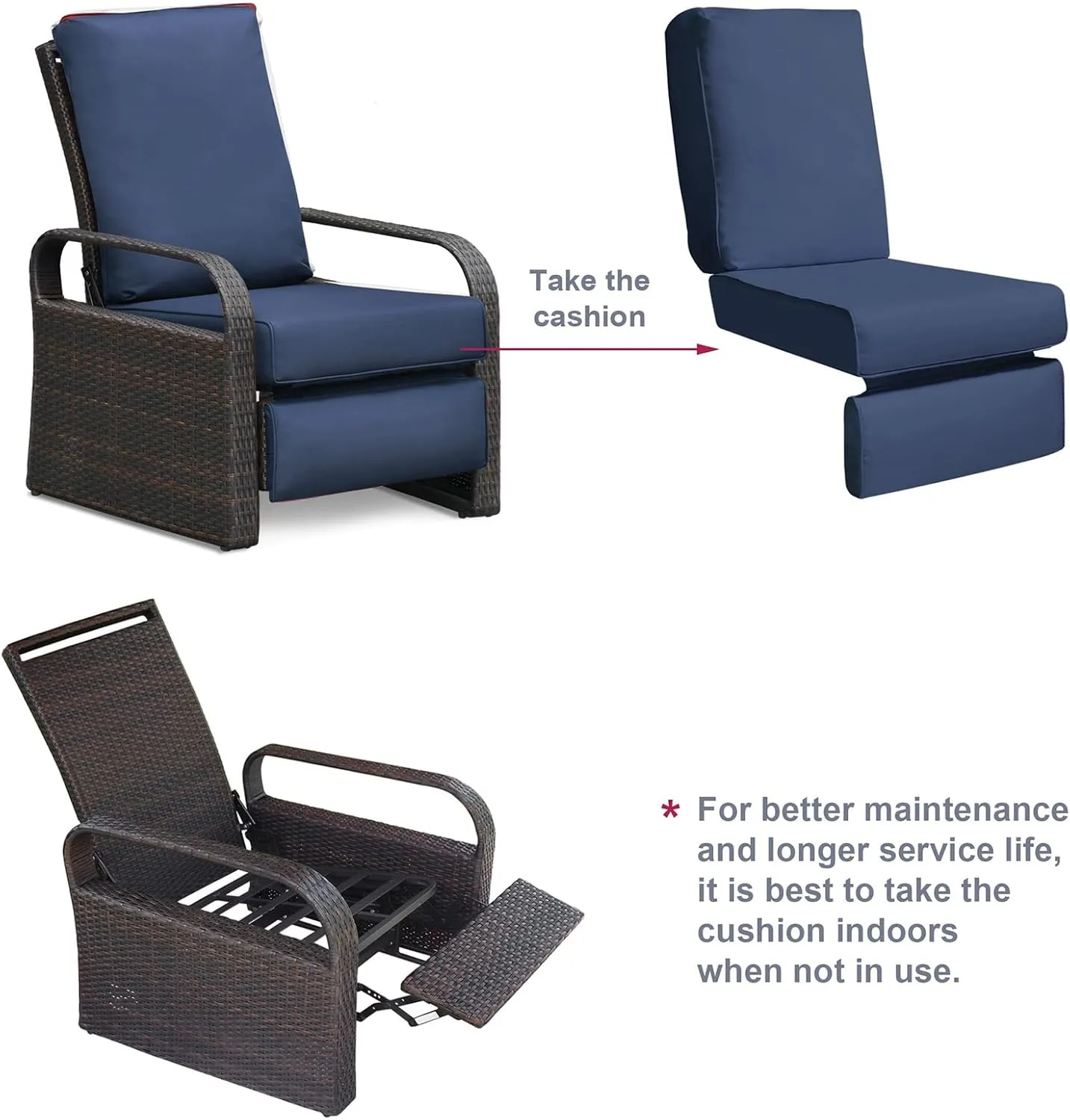 Indoor Outdoor Recliner Replacement Cushion, Patio Furniture Chair Sofa Washable Cushion Deep Seat, UV Protected, Fade Protected and Water Spill Repellet, Cover Can be Replaced (Navy Blue)