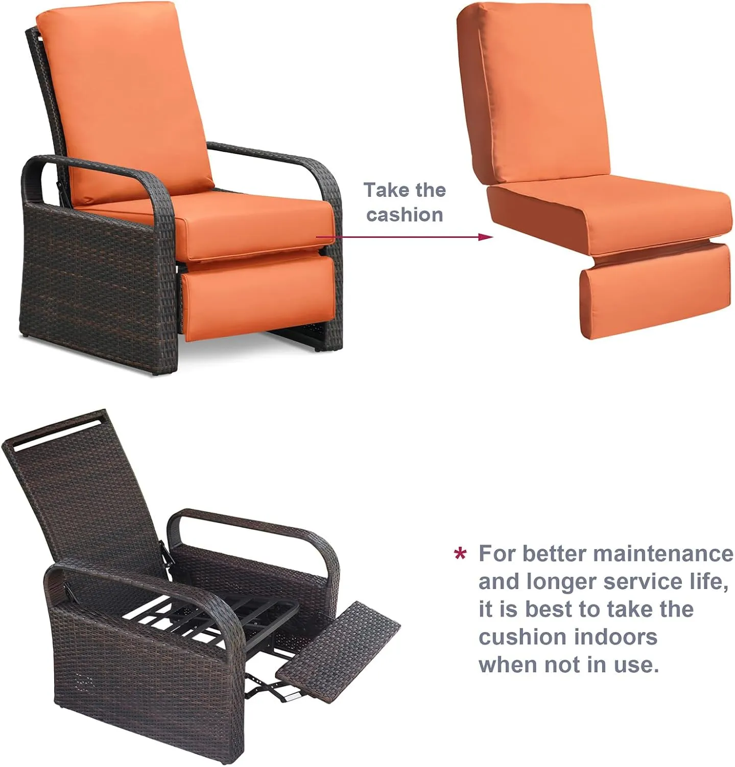 Indoor Outdoor Recliner Replacement Cushion, Patio Furniture Chair Sofa Washable Cushion Deep Seat, UV Protected, Fade Protected and Water Spill Repellet, Cover Can be Replaced (Orange)
