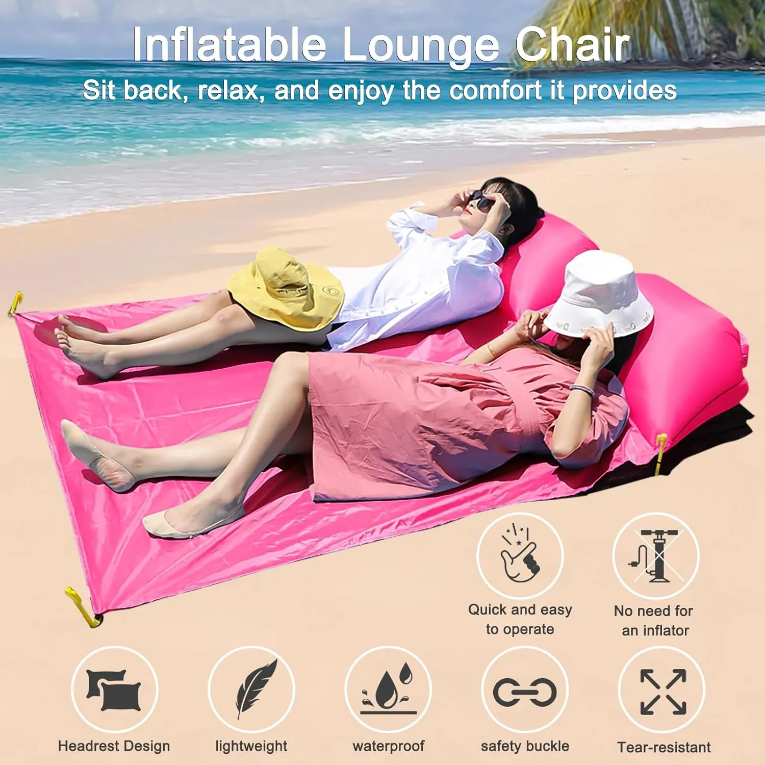 Inflatable Beach Chair and Beach Blanket Backrest Lounger with Carrying Bag - Lightweight and Simple Design for Camping and Beach, Comfortable and Relaxing Beach Chair (Pink, Two-Person)