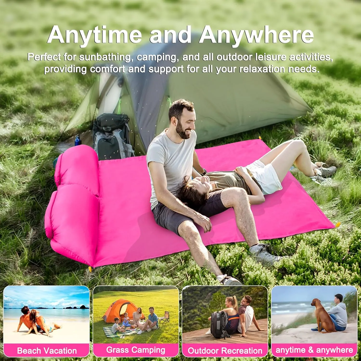 Inflatable Beach Chair and Beach Blanket Backrest Lounger with Carrying Bag - Lightweight and Simple Design for Camping and Beach, Comfortable and Relaxing Beach Chair (Pink, Two-Person)