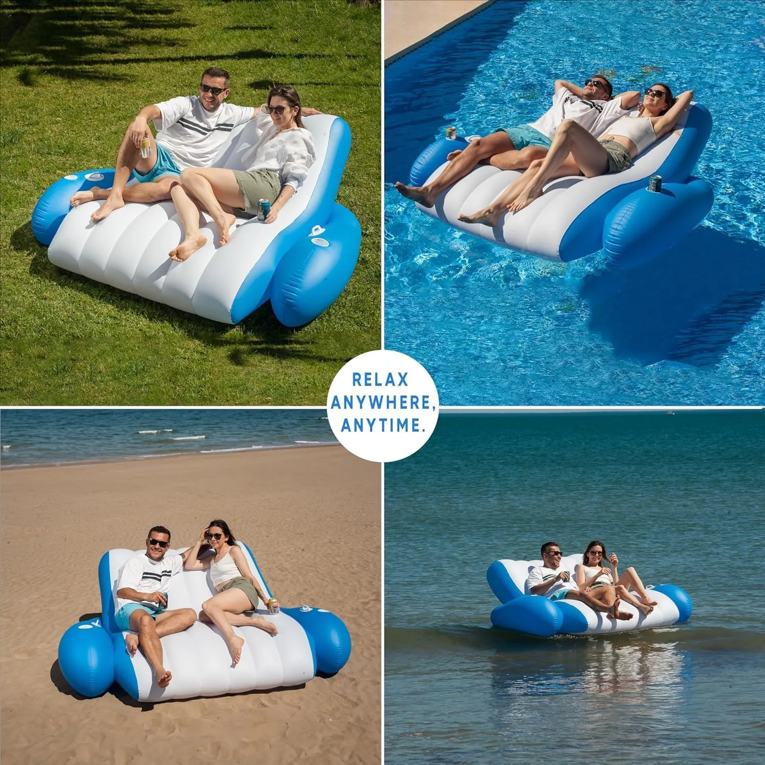 Inflatable Pool Floats Adults, Recliner Luxury Float, 2 or 3 Person, Lounger Chair with Handles, Cup and Phone Holder for Outdoor, Beach, Swimming Pool, Lake, River