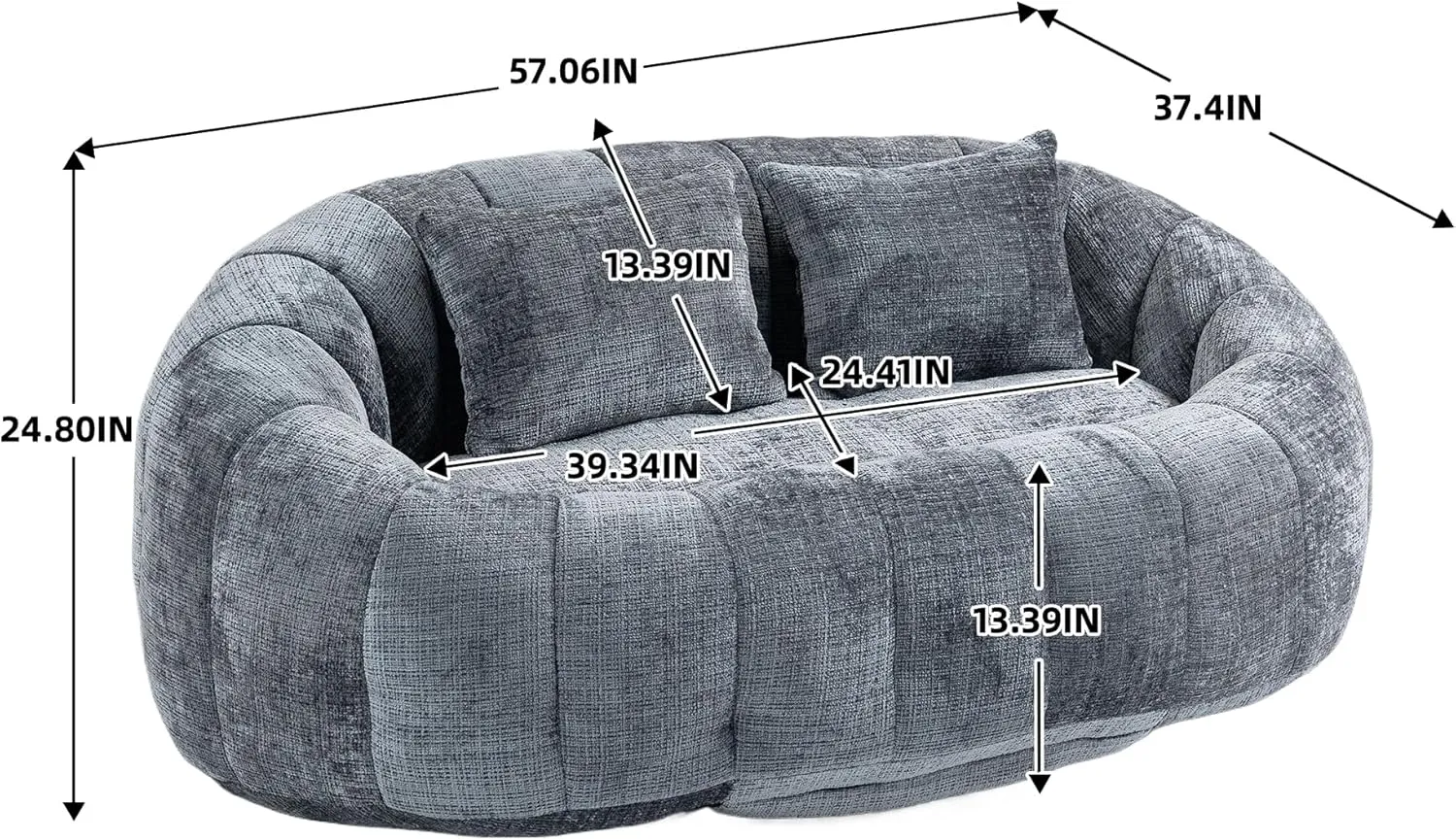 INMOZATA Bean Bag Chair Stuffed High-Density Foam Giant Bean Bag Couch Chenille Comfy Accent Floor Loveseat Sofa for for Reading, Gaming, Playing, Relaxing, Grey
