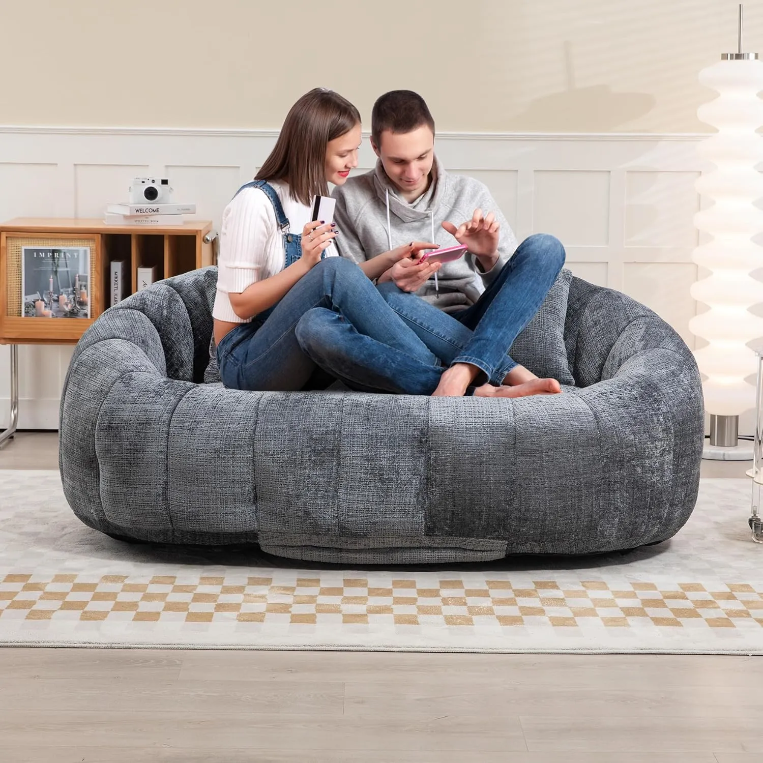 INMOZATA Bean Bag Chair Stuffed High-Density Foam Giant Bean Bag Couch Chenille Comfy Accent Floor Loveseat Sofa for for Reading, Gaming, Playing, Relaxing, Grey