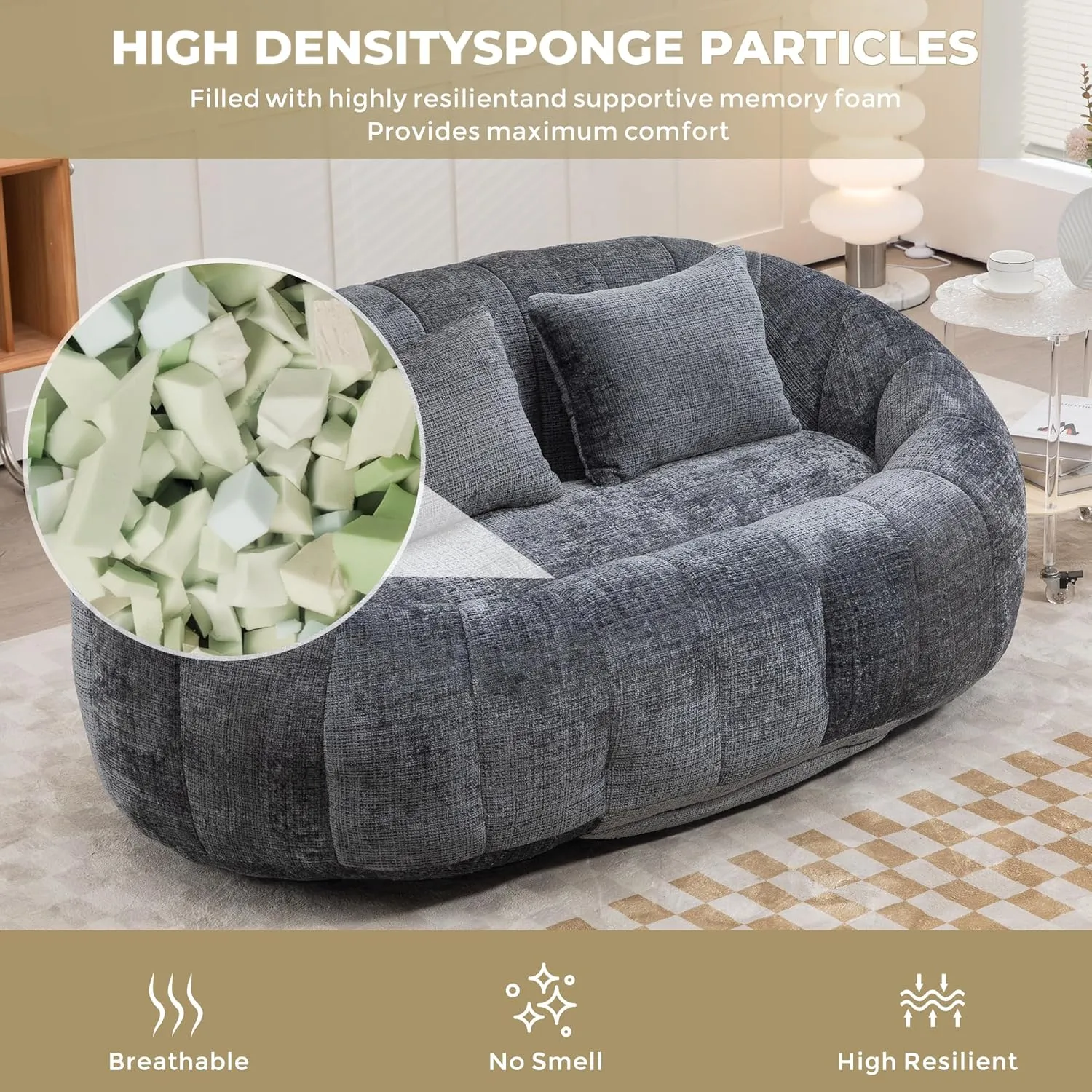 INMOZATA Bean Bag Chair Stuffed High-Density Foam Giant Bean Bag Couch Chenille Comfy Accent Floor Loveseat Sofa for for Reading, Gaming, Playing, Relaxing, Grey