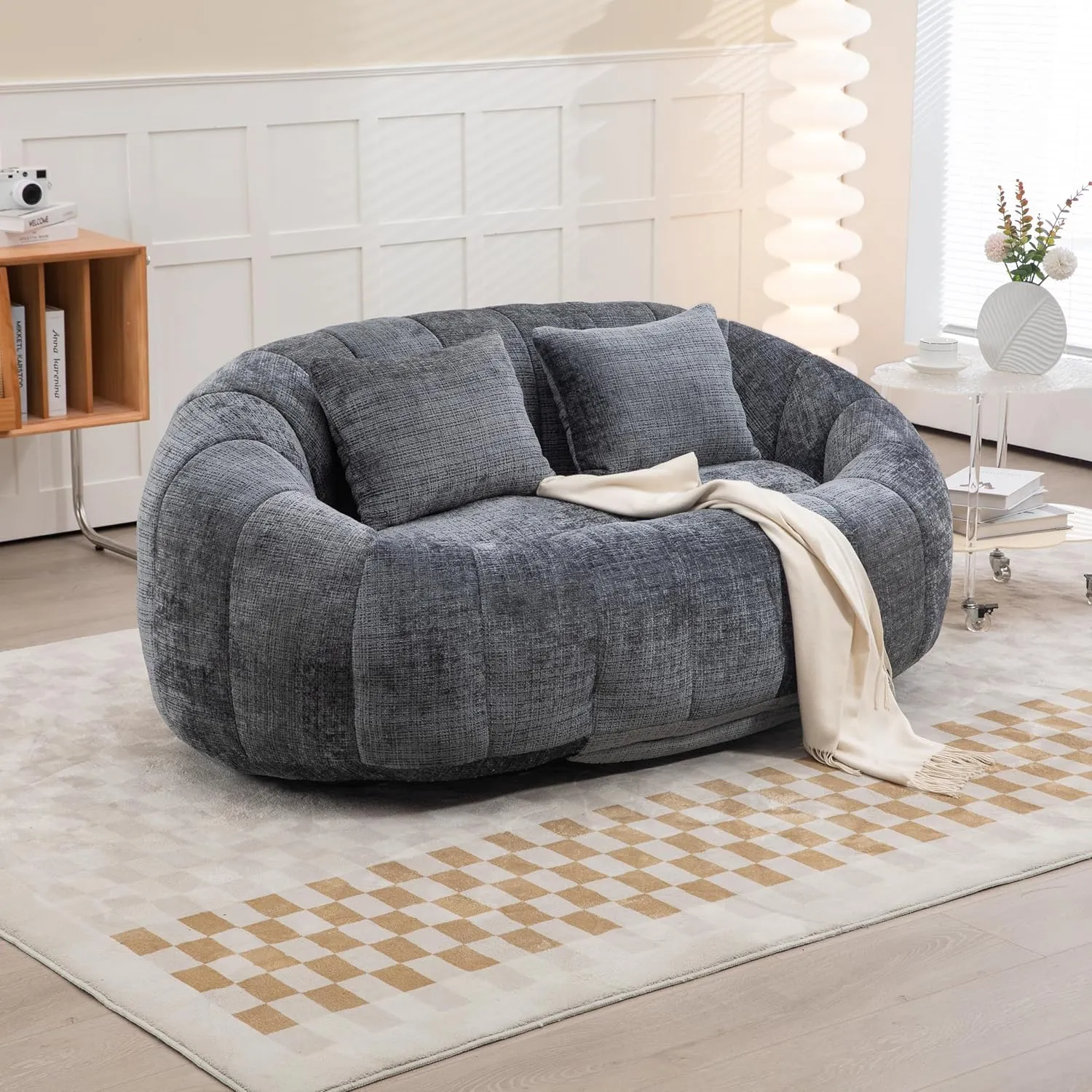 INMOZATA Bean Bag Chair Stuffed High-Density Foam Giant Bean Bag Couch Chenille Comfy Accent Floor Loveseat Sofa for for Reading, Gaming, Playing, Relaxing, Grey