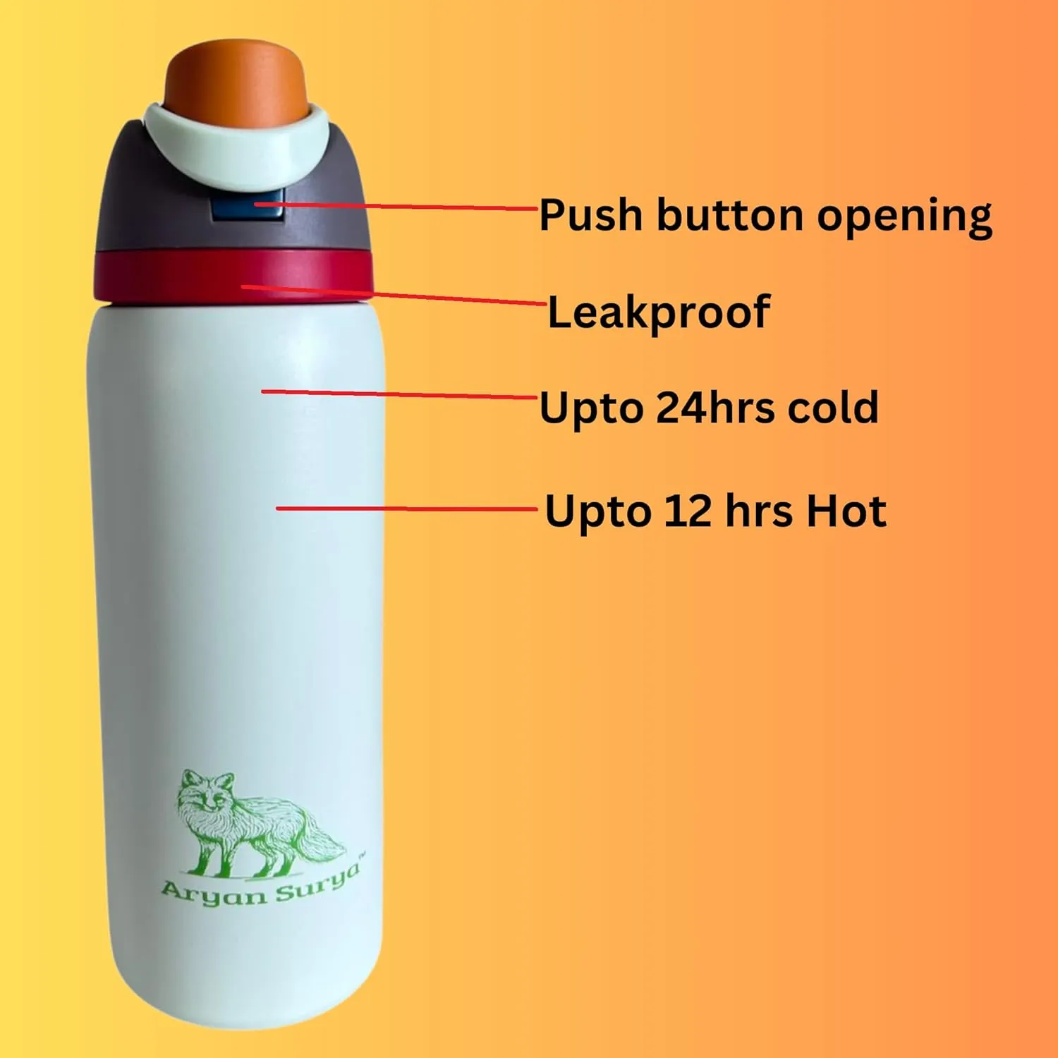 Insulated Stainless Steel Water Bottle with push-button lid with lock and Straw for Sports and Travel, BPA-Free Sports Water Bottle, 32 oz (Just White)