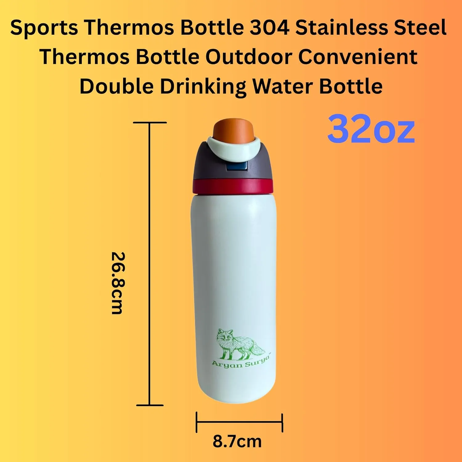 Insulated Stainless Steel Water Bottle with push-button lid with lock and Straw for Sports and Travel, BPA-Free Sports Water Bottle, 32 oz (Just White)