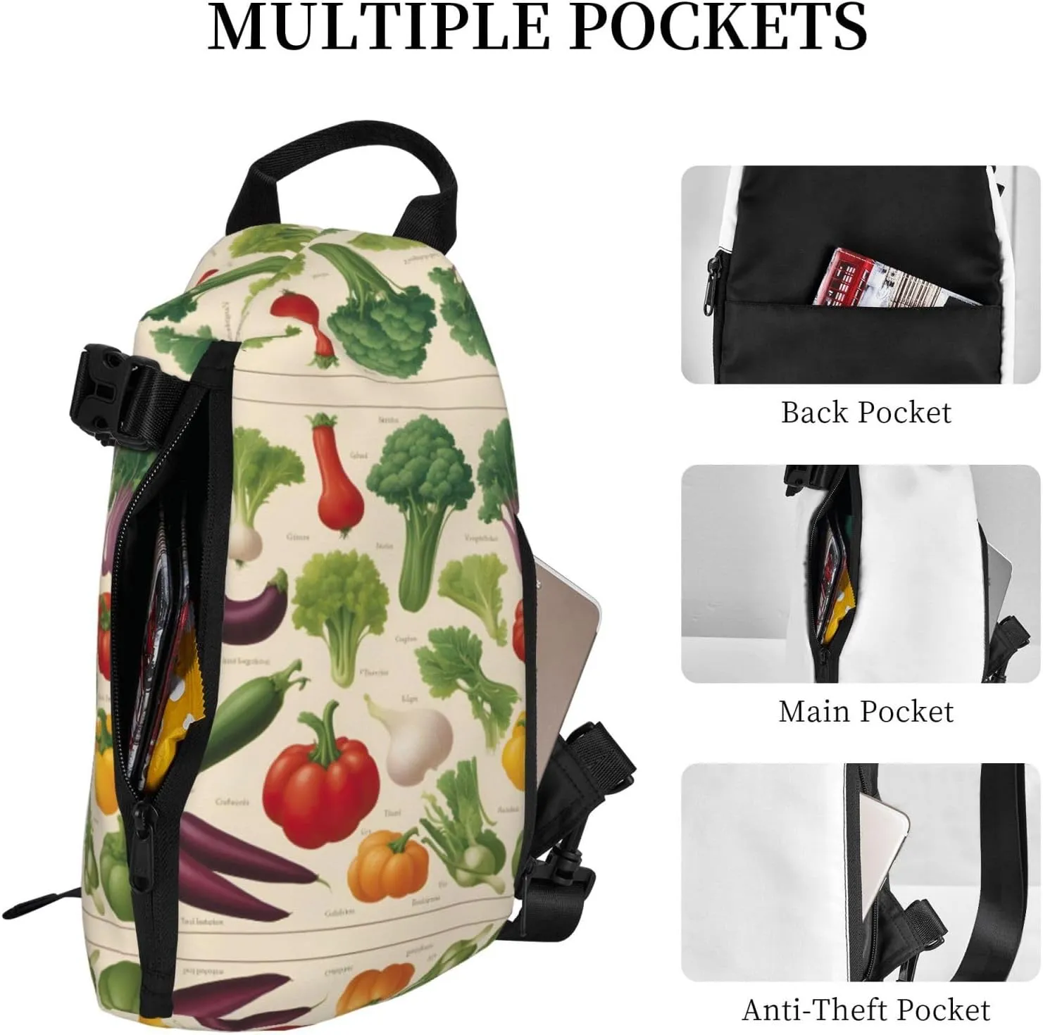 Introduction Of Various Vegetables Print Crossbody Backpack Casual Adjustable Bag Multifunctional Sling Backpack