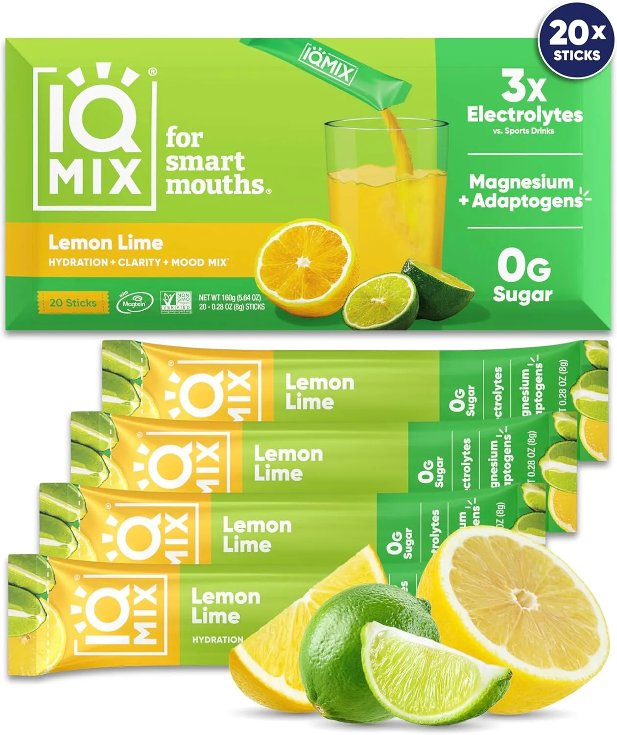 IQMIX Hydration Electrolyte Powder – 4-in-1 Formula for Hydration, Mental Clarity, Mood and Recovery – Sugar-Free Drink Mix, Keto, Magnesium L-Threonate, Lion’s Mane – 20 Count Lemon Lime