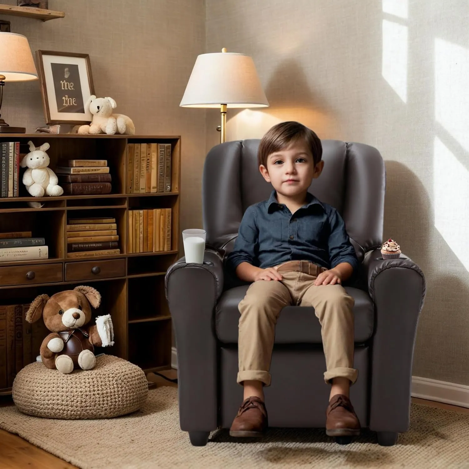 JC HOME Candy Kids Reclining Chair Leather Recliner Sofa Push Back Toddler Youth Children Child Ages 1-6