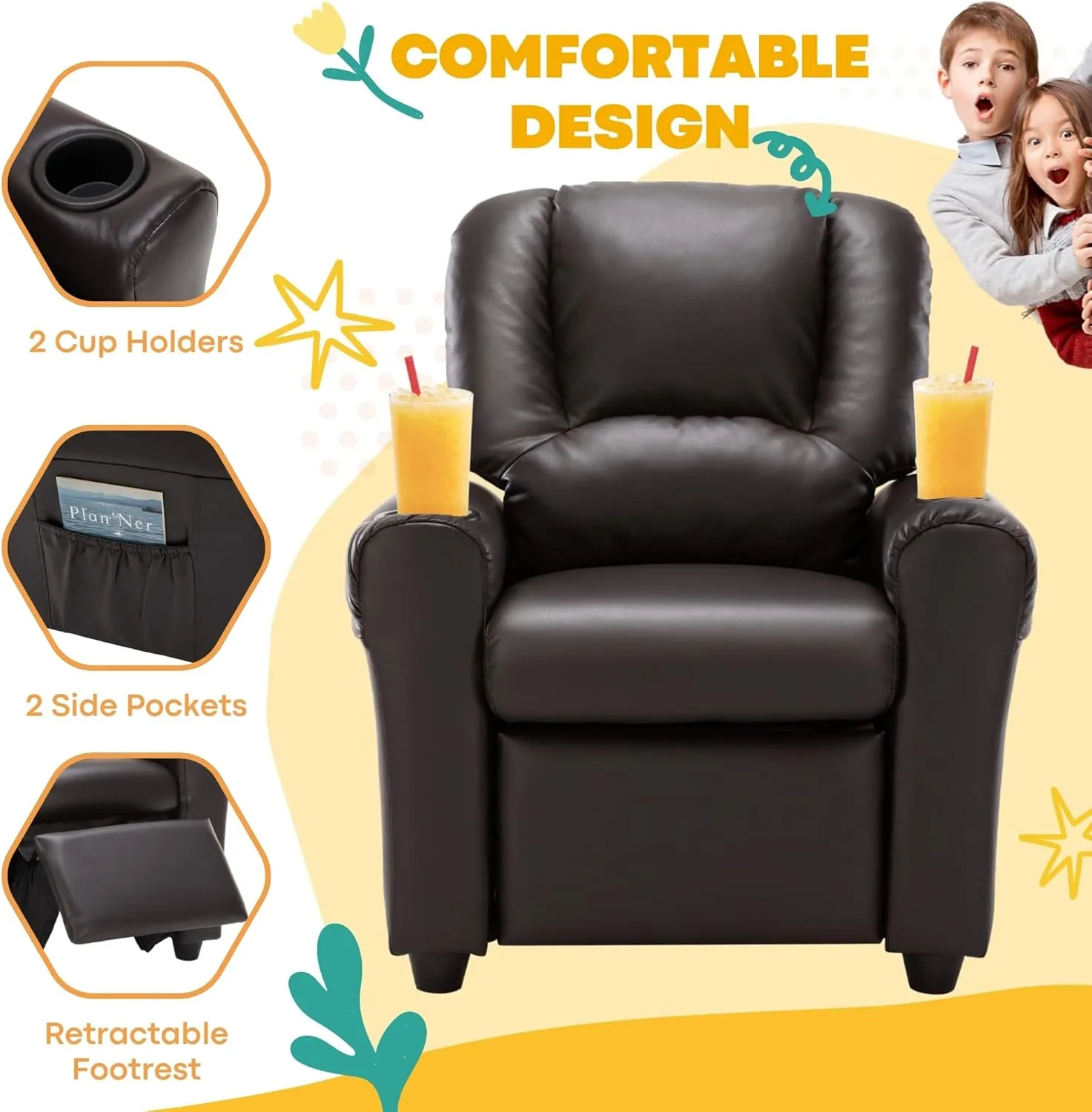 JC HOME Candy Kids Reclining Chair Leather Recliner Sofa Push Back Toddler Youth Children Child Ages 1-6
