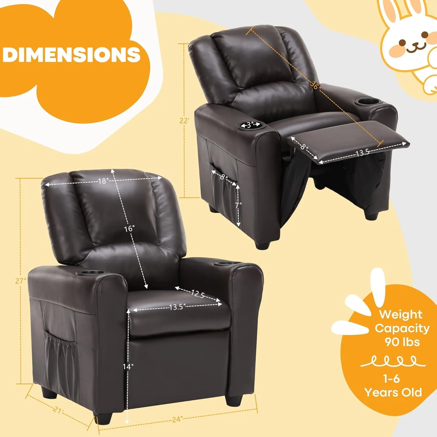 JC HOME Candy Kids Reclining Chair Leather Recliner Sofa Push Back Toddler Youth Children Child Ages 1-6