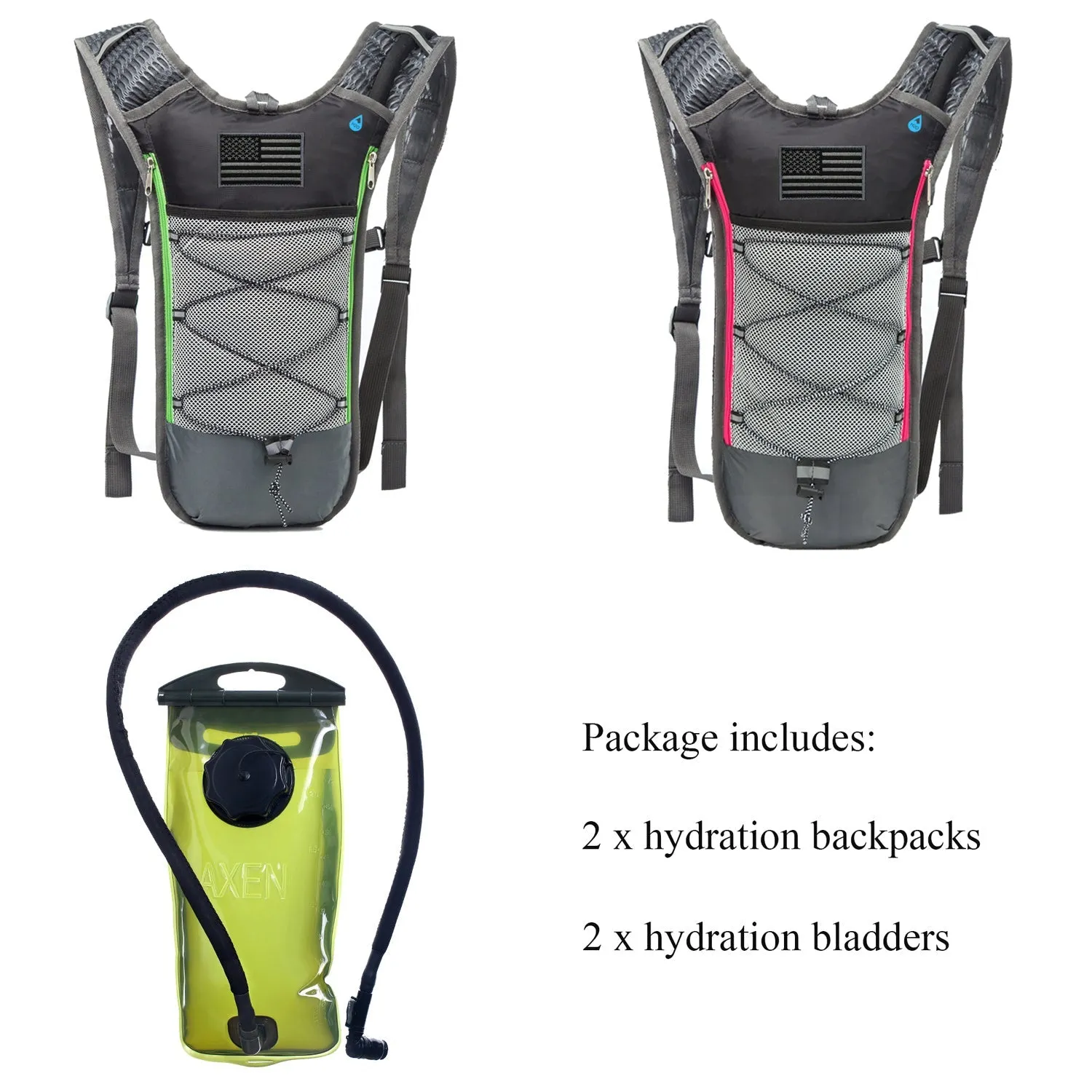 J.CARP 2 Pack Hydration Backpack Pack with 2L Hydration Bladder, Lightweight Water Backpack Keeps Water Cool up to 4 Hours, with Big Storage, for Kids Women Men Hiking Cycling Camping Music Festival