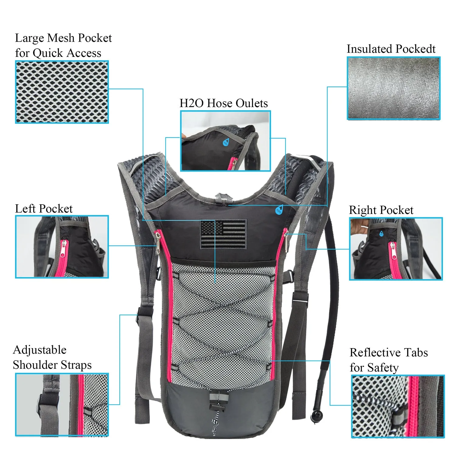 J.CARP 2 Pack Hydration Backpack Pack with 2L Hydration Bladder, Lightweight Water Backpack Keeps Water Cool up to 4 Hours, with Big Storage, for Kids Women Men Hiking Cycling Camping Music Festival