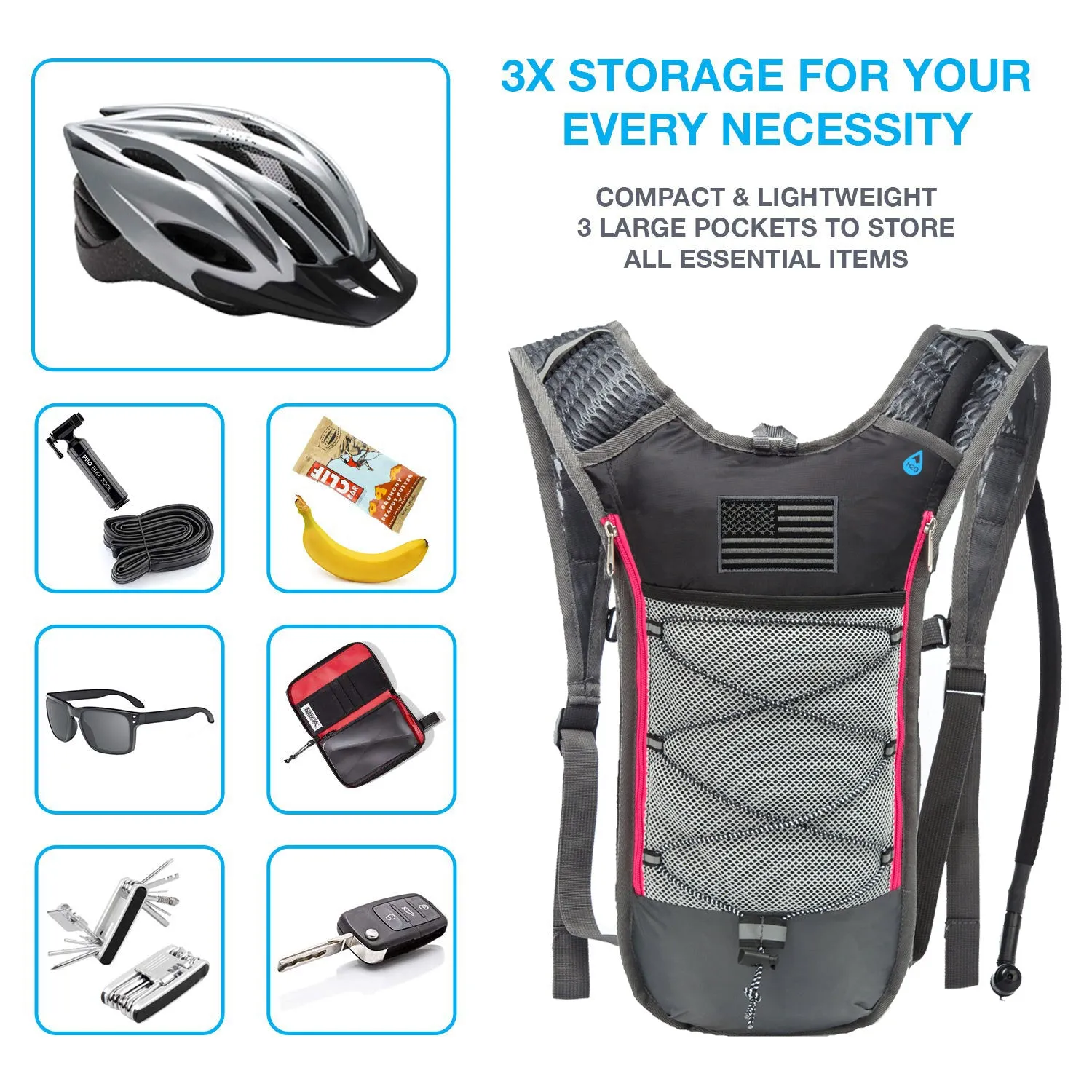 J.CARP 2 Pack Hydration Backpack Pack with 2L Hydration Bladder, Lightweight Water Backpack Keeps Water Cool up to 4 Hours, with Big Storage, for Kids Women Men Hiking Cycling Camping Music Festival