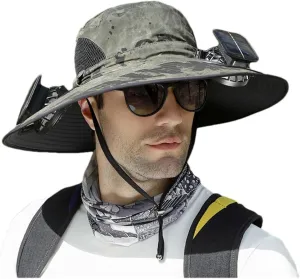 Jeeeun Wide Brim Solar Fan Outdoor Fishing Hat-Solar & USB Charging, UPF 50  Sun Hat Summer UV Protection Hat, with a Fan Built-in