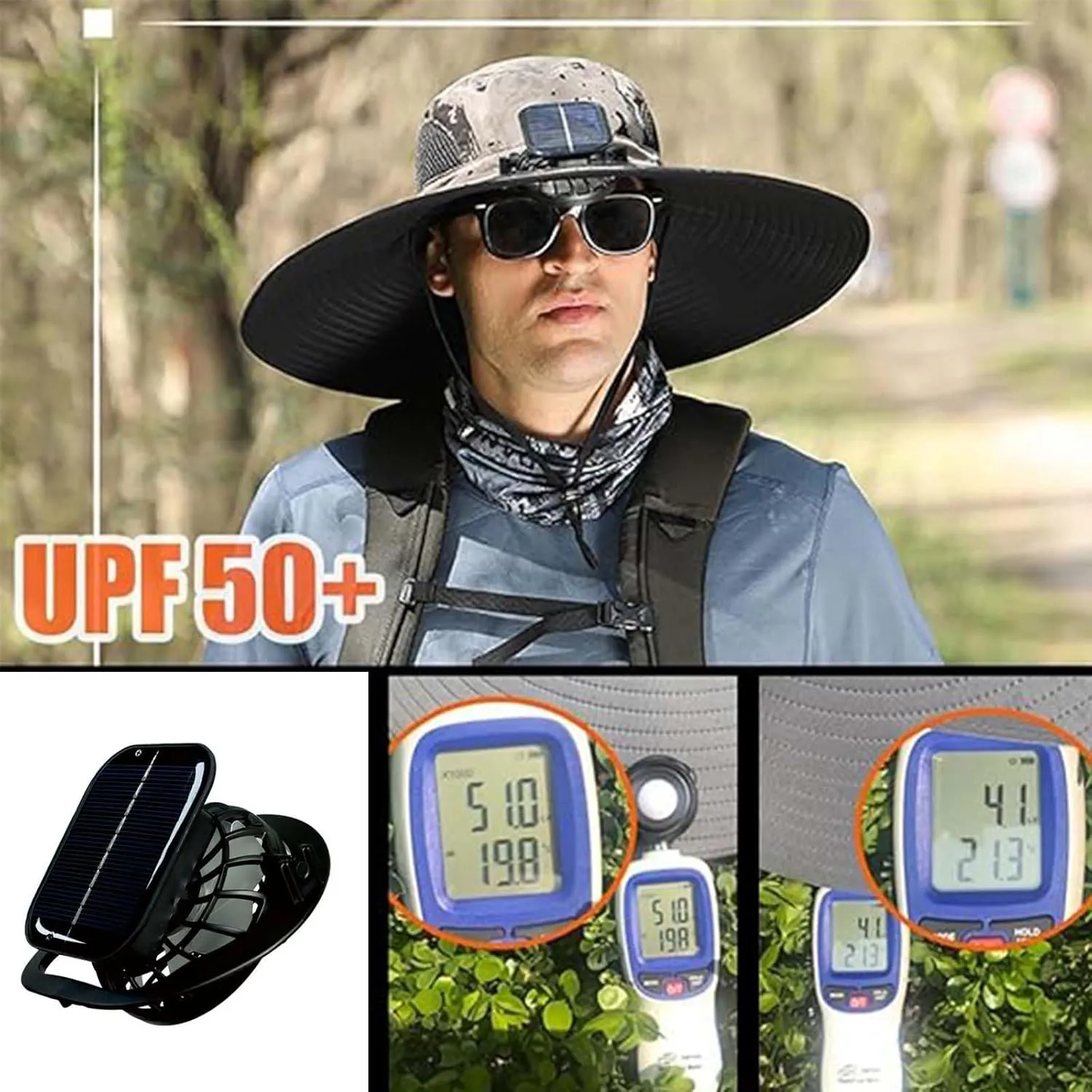 Jeeeun Wide Brim Solar Fan Outdoor Fishing Hat-Solar & USB Charging, UPF 50  Sun Hat Summer UV Protection Hat, with a Fan Built-in