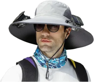 Jeeeun Wide Brim Solar Fan Outdoor Fishing Hat-Solar & USB Charging, UPF 50  Sun Hat UV Protection Hat, Hat with Fan Built in Solar