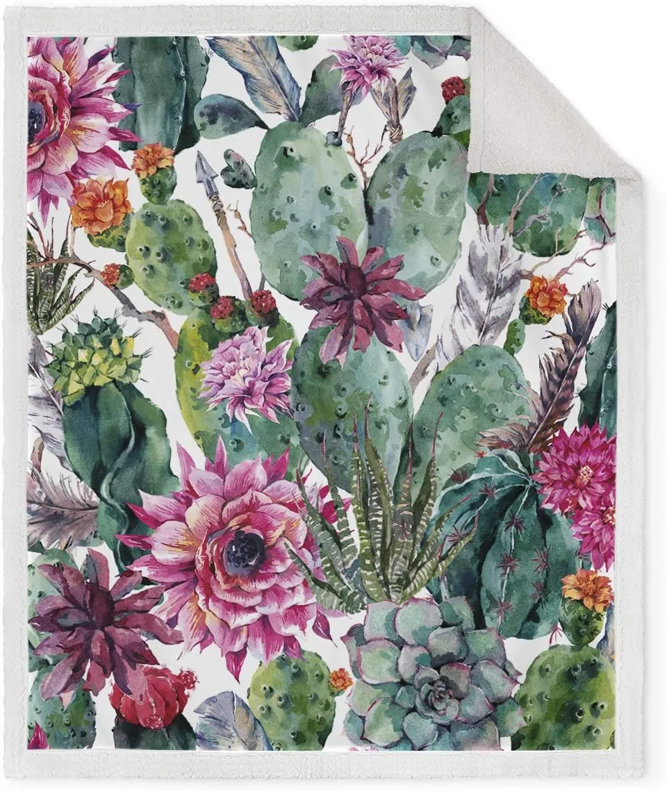 Jekeno Cactus Flower Sherpa Blanket Smooth Soft Print Throw Blanket for Sofa Chair Bed Office 50"x60"