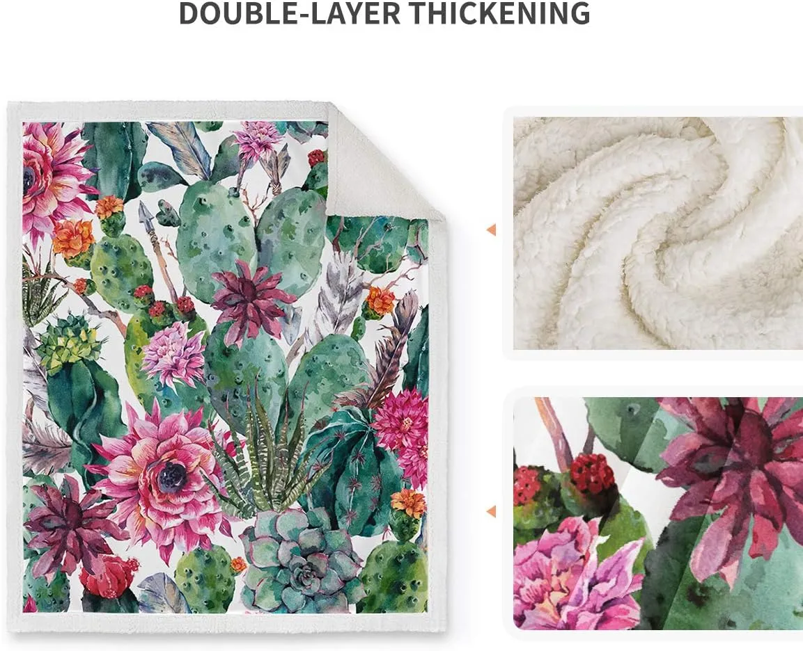 Jekeno Cactus Flower Sherpa Blanket Smooth Soft Print Throw Blanket for Sofa Chair Bed Office 50"x60"