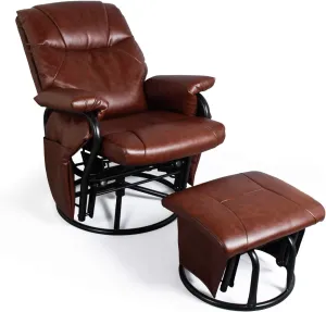 JIASTING Recliner Chair with Ottoman Living Room Chairs Faux Leather Glider Chair 360 Degree Rotation Leisure and Relaxation Furniture (Red-Brown)