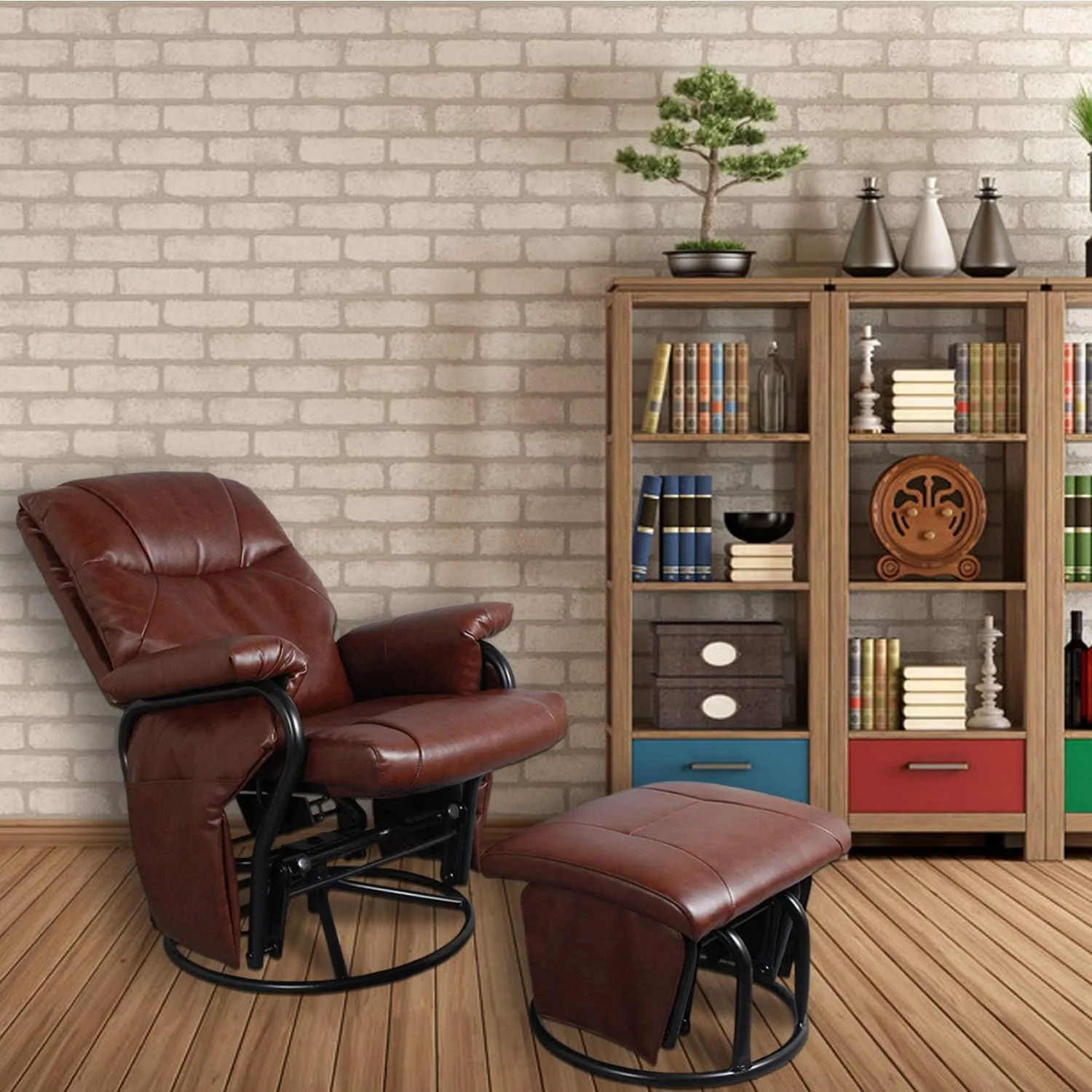 JIASTING Recliner Chair with Ottoman Living Room Chairs Faux Leather Glider Chair 360 Degree Rotation Leisure and Relaxation Furniture (Red-Brown)