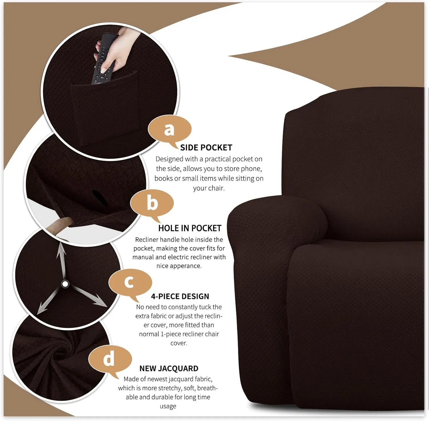 JIVINER 4-Piece Recliner Chair Covers Stretch Jacquard Chair Covers for Reclining Chair Recliner Slipcovers for Living Room Soft Recliner Protector with Pocket (Recliner,Dark Coffee)