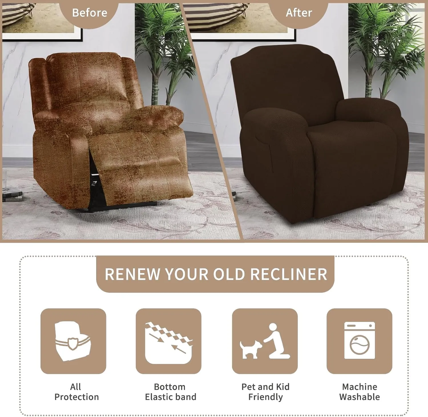 JIVINER 4-Piece Recliner Chair Covers Stretch Jacquard Chair Covers for Reclining Chair Recliner Slipcovers for Living Room Soft Recliner Protector with Pocket (Recliner,Dark Coffee)