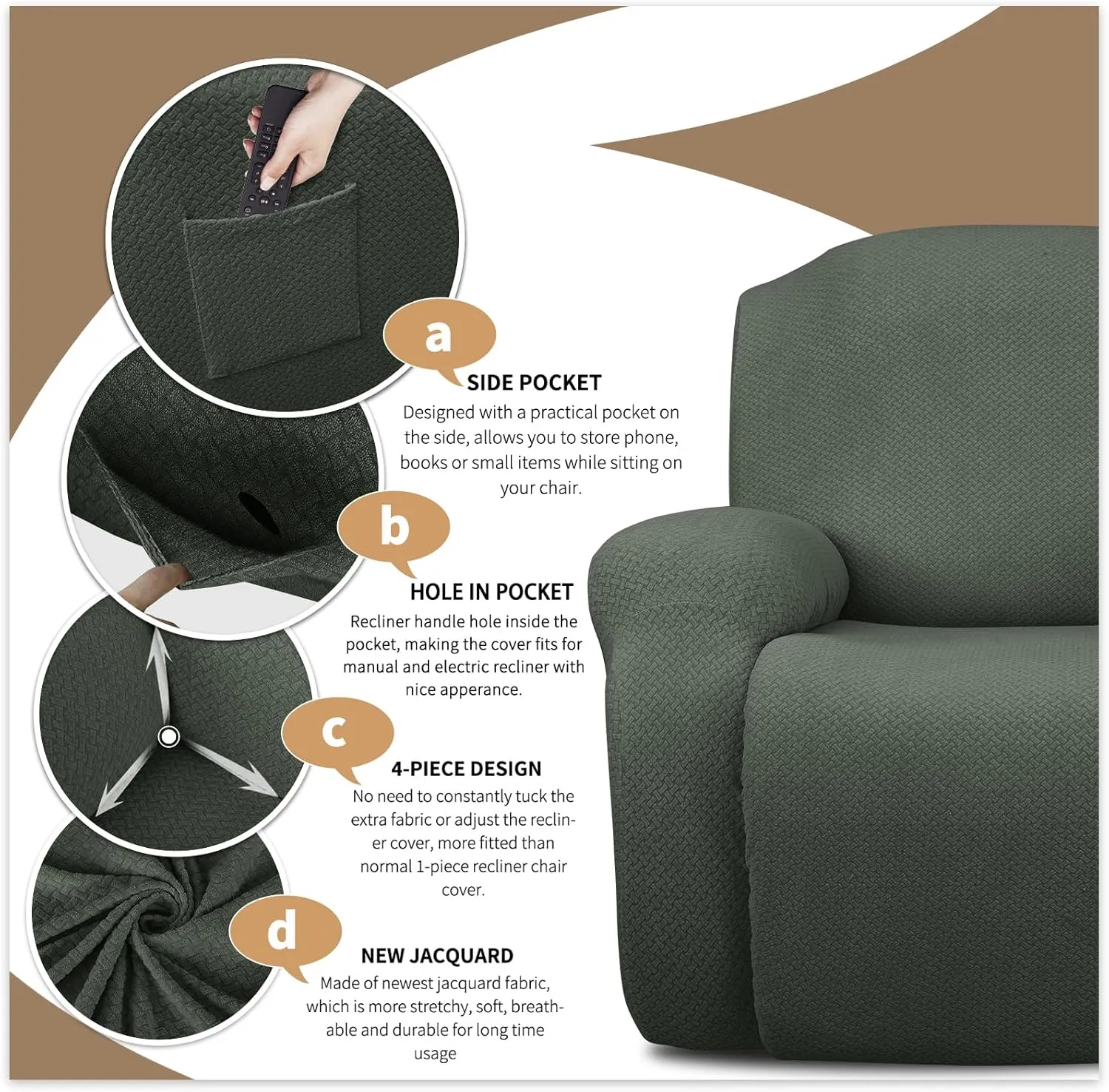 JIVINER 4-Piece Recliner Chair Covers Stretch Jacquard Covers for Reclining Chair Recliner Slipcovers for Living Room Soft Recliner Protector with Pocket (Recliner, Army Green)