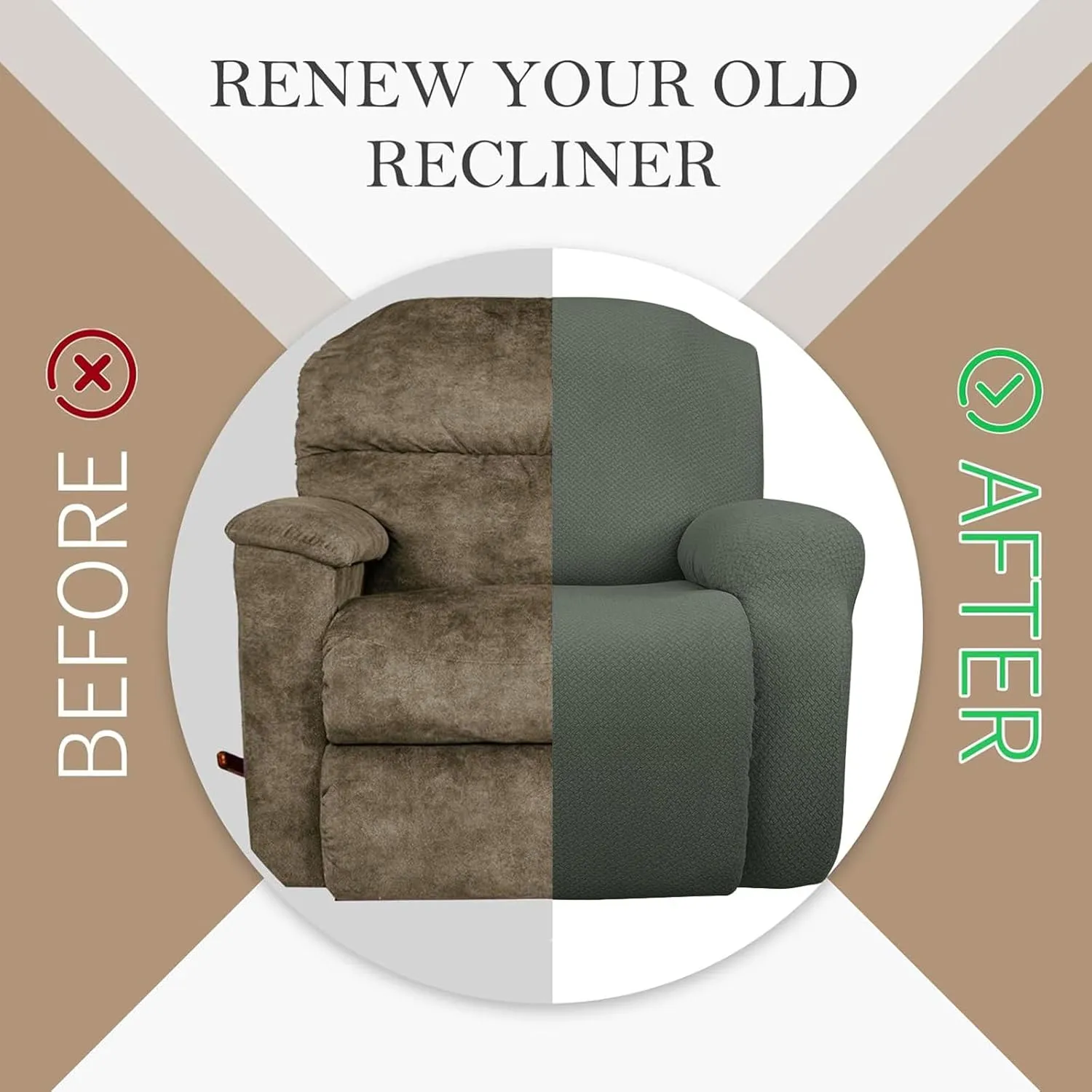 JIVINER 4-Piece Recliner Chair Covers Stretch Jacquard Covers for Reclining Chair Recliner Slipcovers for Living Room Soft Recliner Protector with Pocket (Recliner, Army Green)
