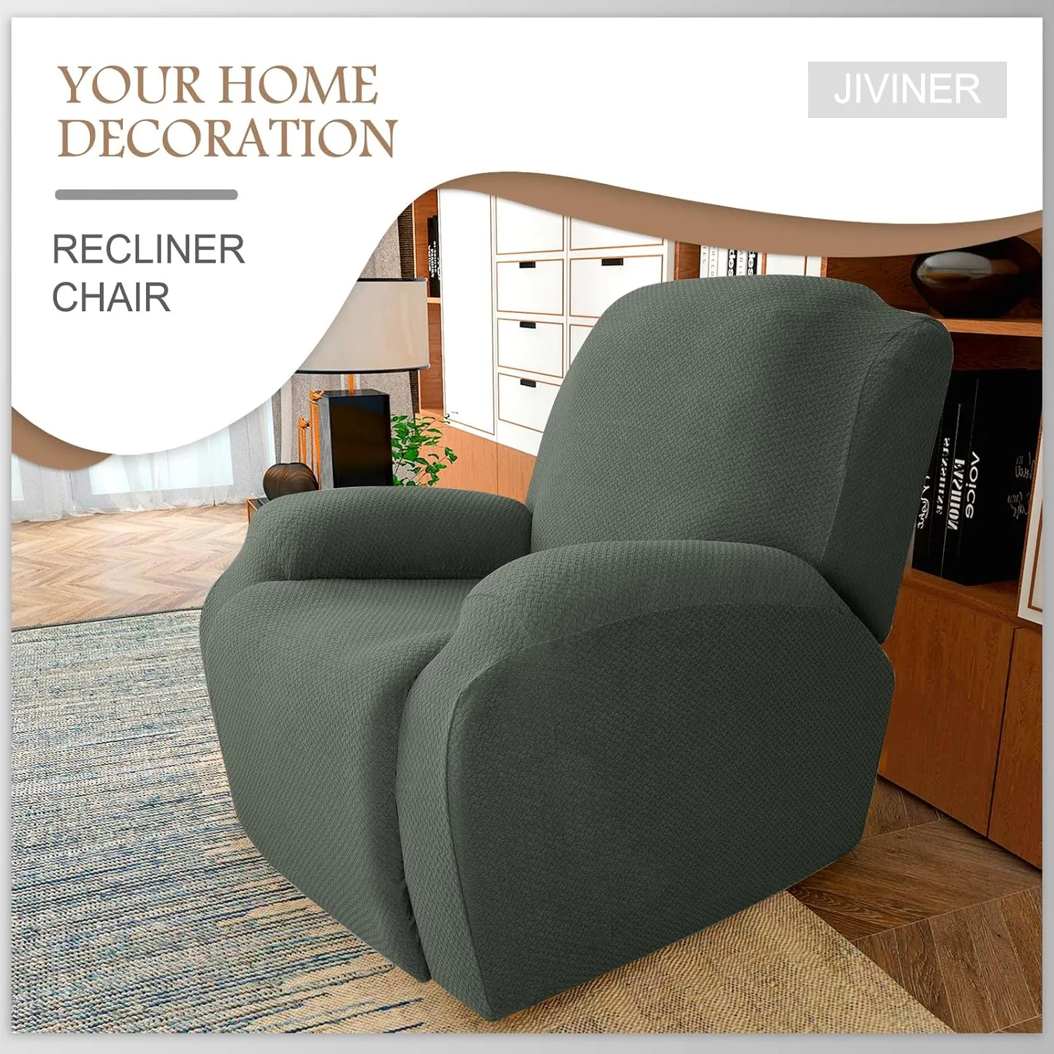 JIVINER 4-Piece Recliner Chair Covers Stretch Jacquard Covers for Reclining Chair Recliner Slipcovers for Living Room Soft Recliner Protector with Pocket (Recliner, Army Green)