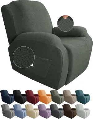 JIVINER 4-Piece Recliner Chair Covers Stretch Jacquard Covers for Reclining Chair Recliner Slipcovers for Living Room Soft Recliner Protector with Pocket (Recliner, Army Green)