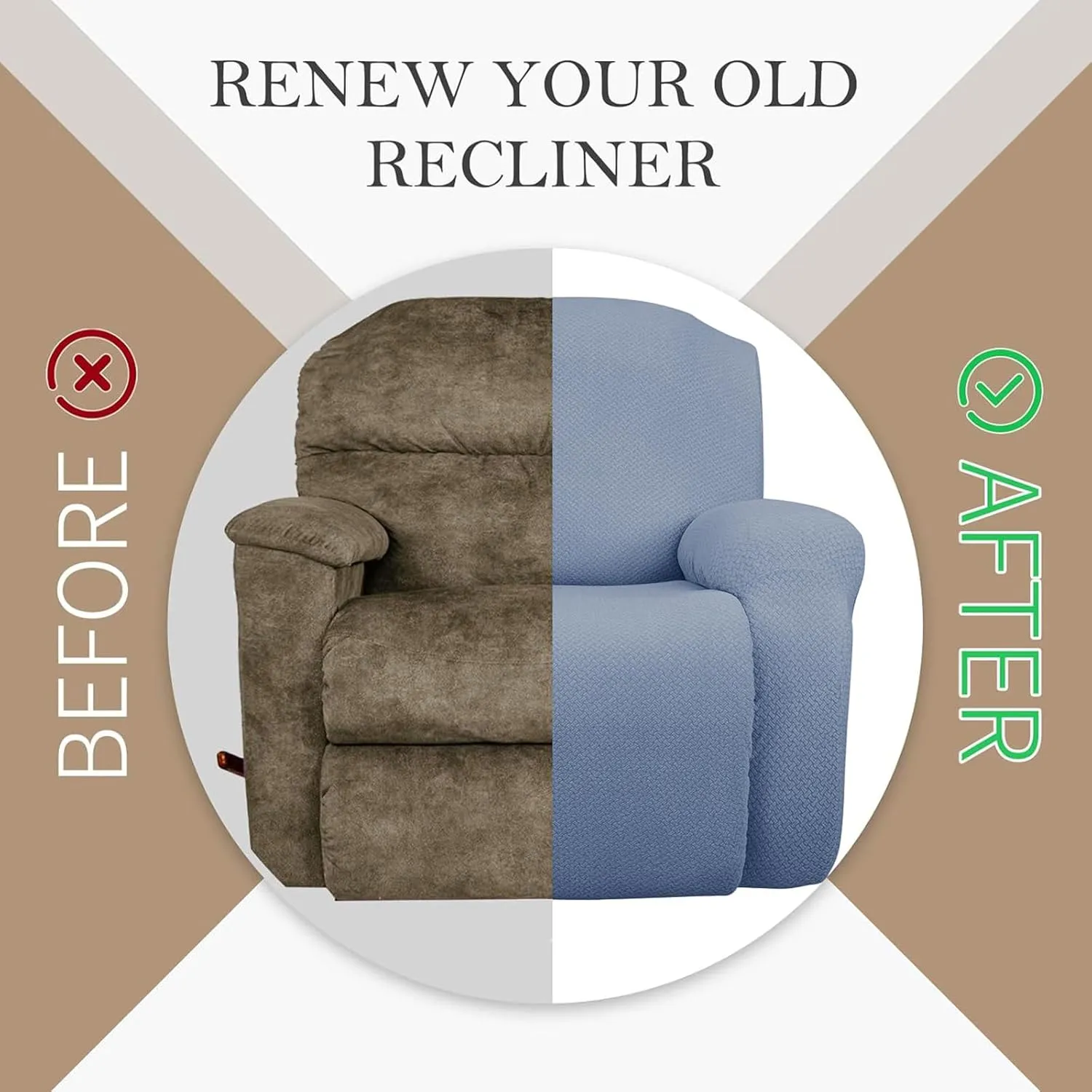 JIVINER 4-Piece Recliner Chair Covers Stretch Jacquard Covers for Reclining Chair Recliner Slipcovers for Living Room Soft Recliner Protector with Pocket (Recliner, Light Blue)