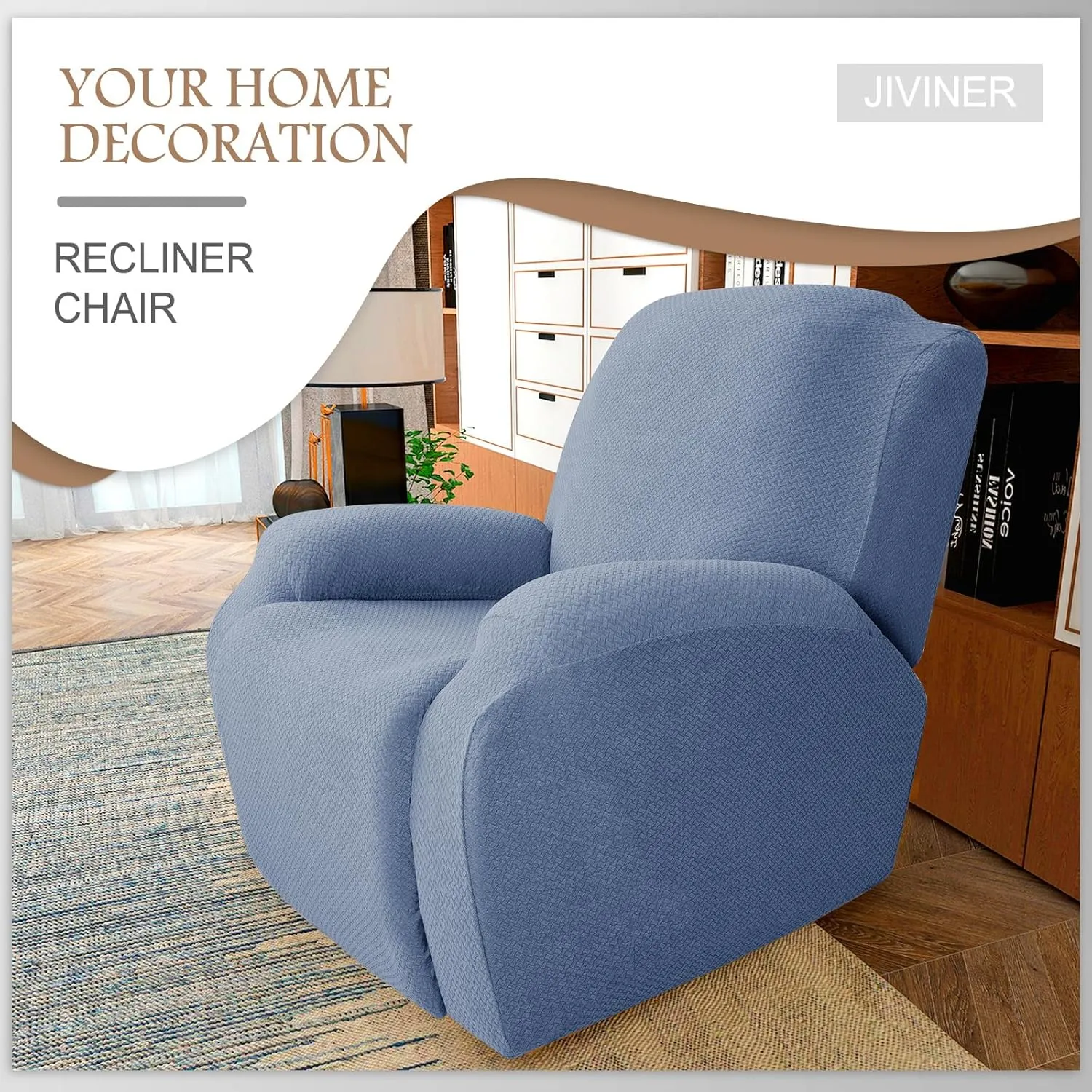 JIVINER 4-Piece Recliner Chair Covers Stretch Jacquard Covers for Reclining Chair Recliner Slipcovers for Living Room Soft Recliner Protector with Pocket (Recliner, Light Blue)