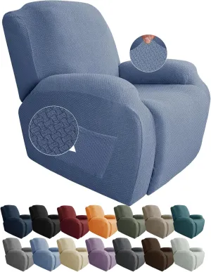 JIVINER 4-Piece Recliner Chair Covers Stretch Jacquard Covers for Reclining Chair Recliner Slipcovers for Living Room Soft Recliner Protector with Pocket (Recliner, Light Blue)