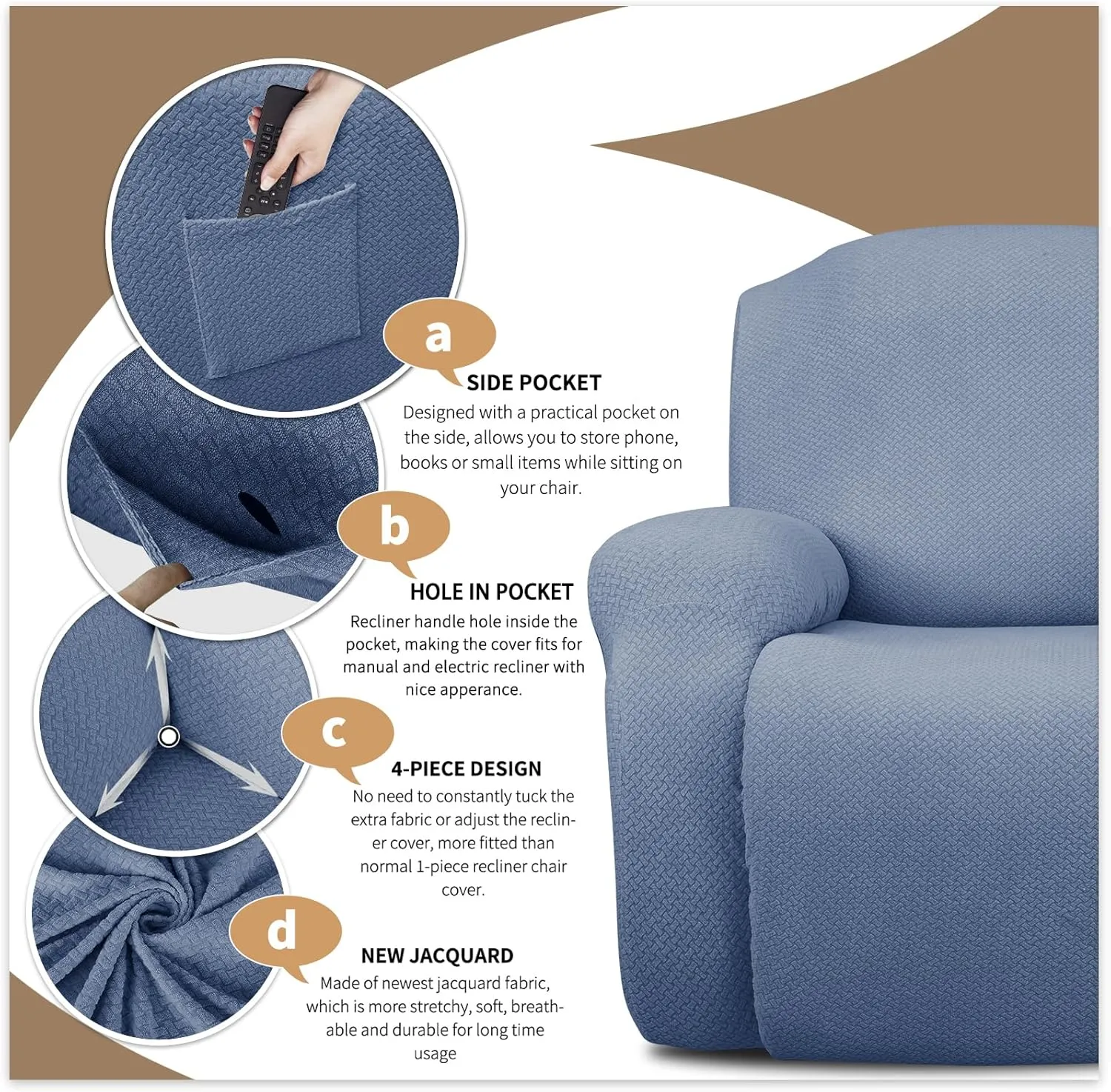 JIVINER 4-Piece Recliner Chair Covers Stretch Jacquard Covers for Reclining Chair Recliner Slipcovers for Living Room Soft Recliner Protector with Pocket (Recliner, Light Blue)