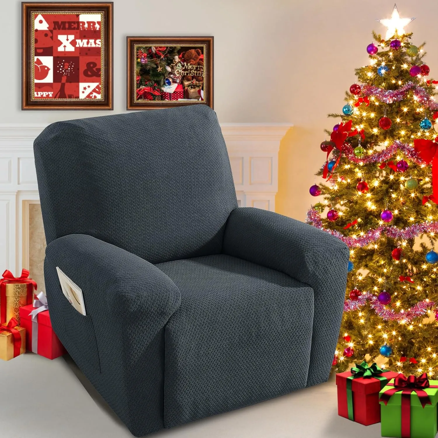 JIVINER Stretch Recliner Chair Covers with Pocket 4 Piece Chair Covers for Reclining Chair Furniture Protector Soft Recliner Cover with Elastic Bottom (Recliner, Dark Gray)