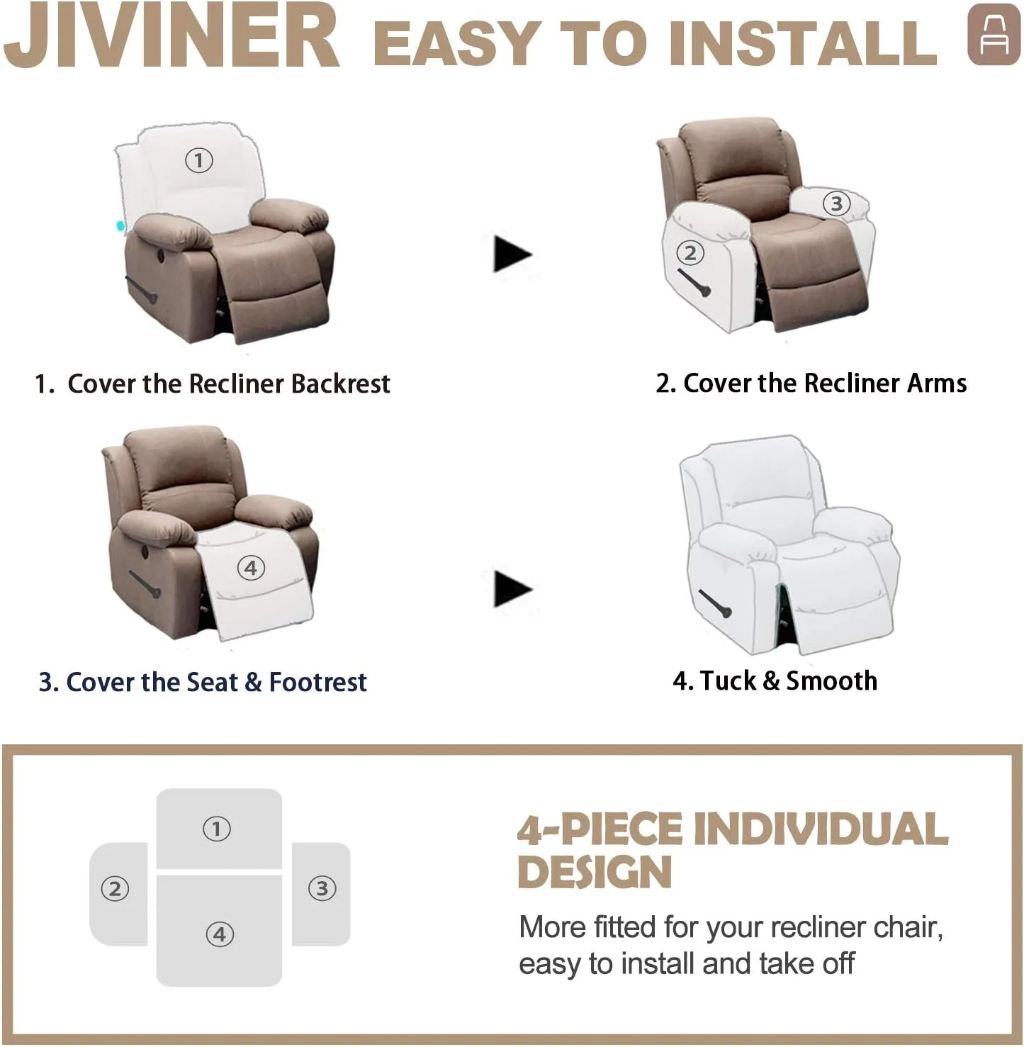 JIVINER Stretch Recliner Chair Covers with Pocket 4 Piece Chair Covers for Reclining Chair Furniture Protector Soft Recliner Cover with Elastic Bottom (Recliner, Dark Gray)
