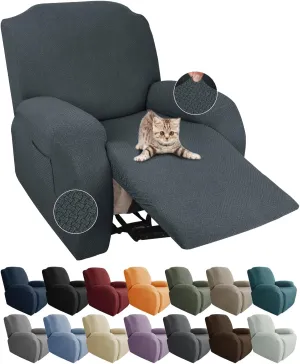 JIVINER Stretch Recliner Chair Covers with Pocket 4 Piece Chair Covers for Reclining Chair Furniture Protector Soft Recliner Cover with Elastic Bottom (Recliner, Dark Gray)
