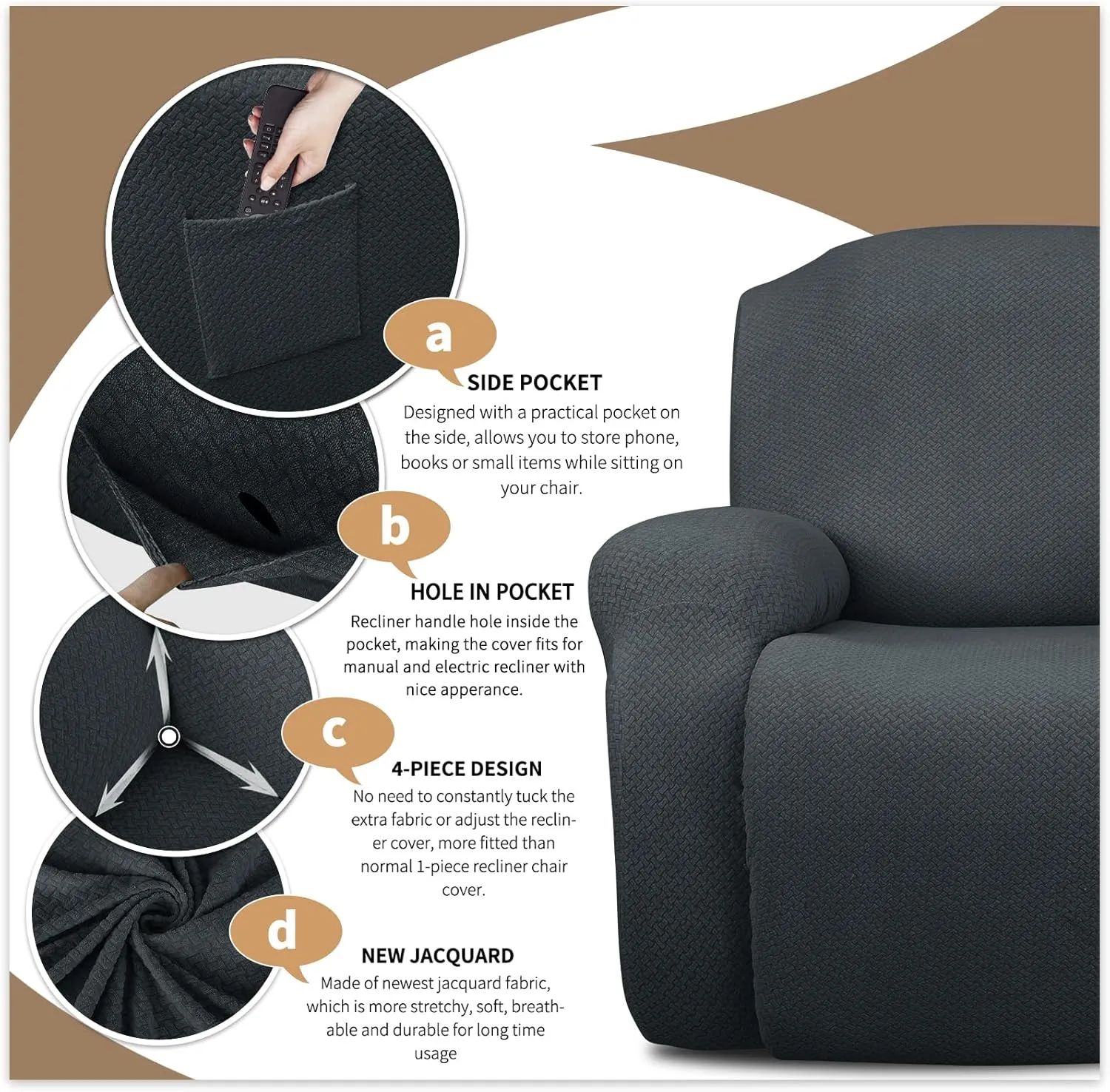 JIVINER Stretch Recliner Chair Covers with Pocket 4 Piece Chair Covers for Reclining Chair Furniture Protector Soft Recliner Cover with Elastic Bottom (Recliner, Dark Gray)