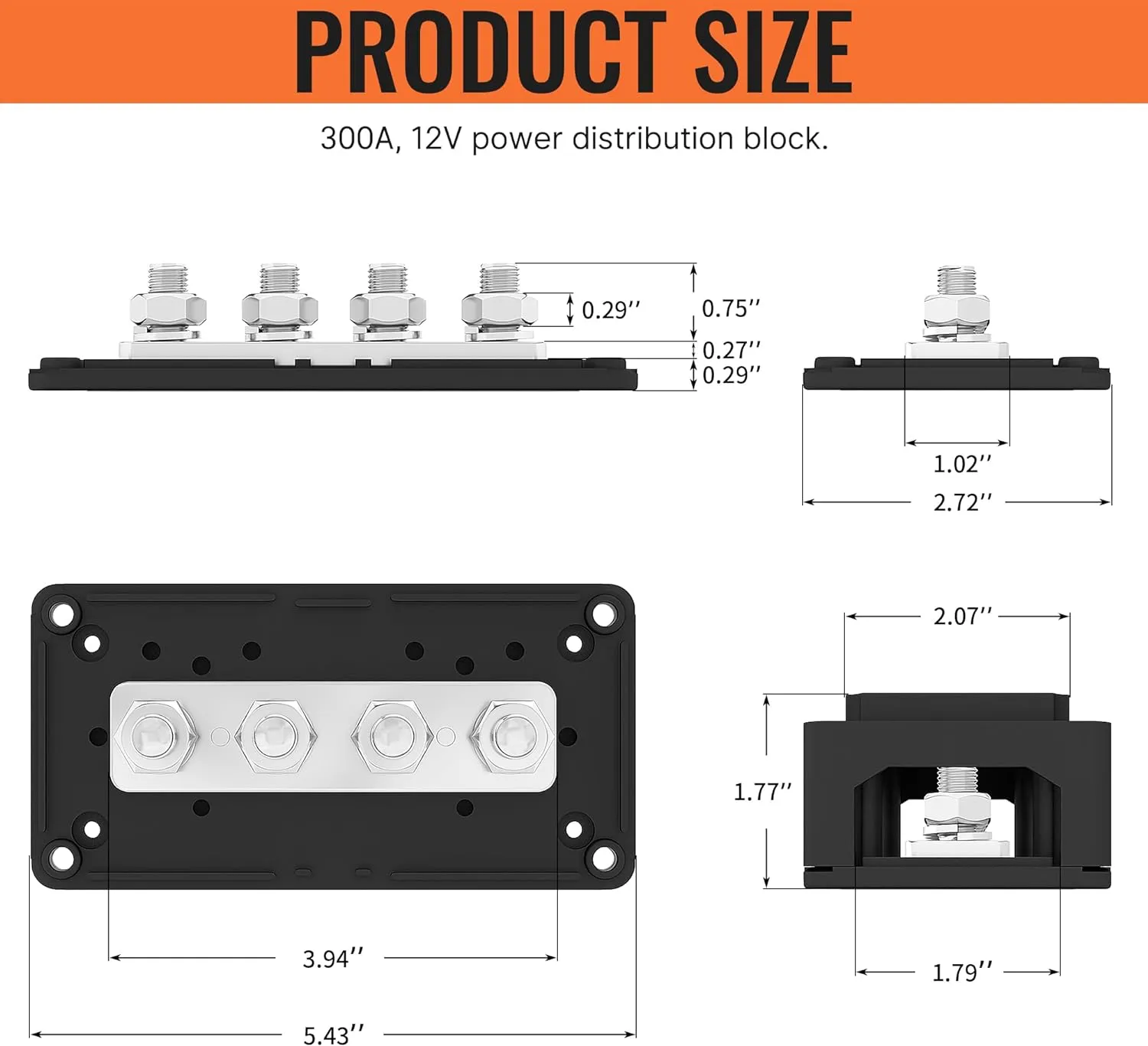 Joinfworld 300A Bus Bar 12V DC Waterproof Power Distribution Block with 4 x 3/8" Studs, Heavy Duty Marine Battery Bus Bar Terminal Block 12 Volt for Automotive, Car, Solar Wiring - Positive&Negative