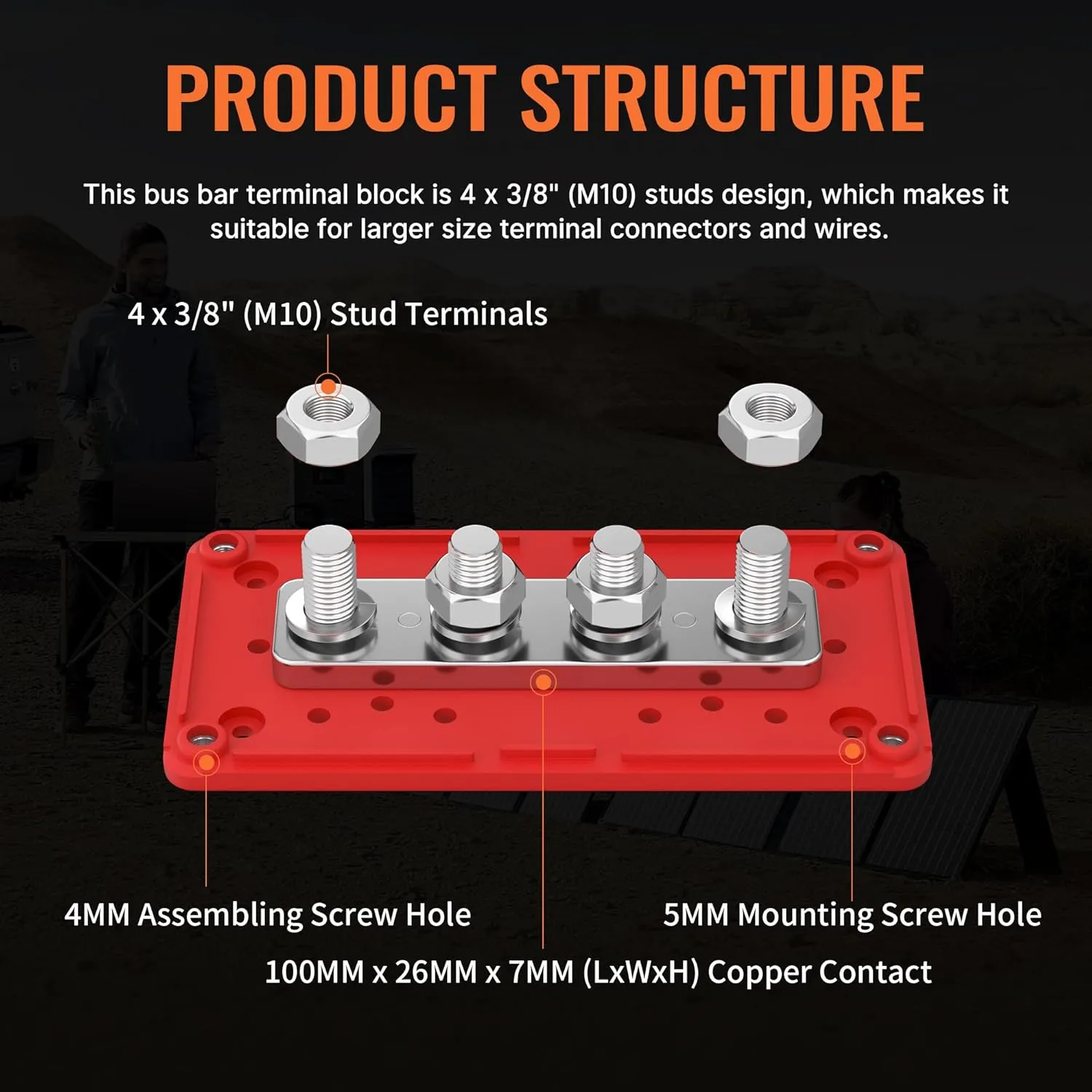 Joinfworld 300A Bus Bar 12V DC Waterproof Power Distribution Block with 4 x 3/8" Studs, Heavy Duty Marine Battery Bus Bar Terminal Block 12 Volt for Automotive, Car, Solar Wiring - Positive&Negative