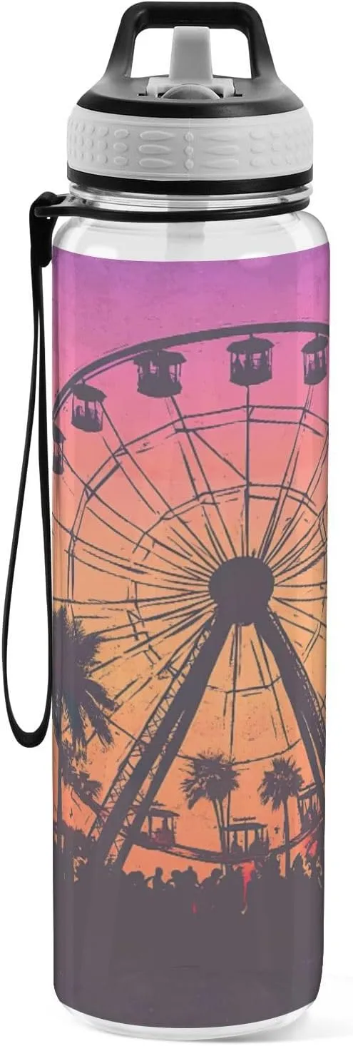 Joisal Ferris Wheel Sunset 32 Oz Straw Water Bottle BPA-Free Personalized Water Bottles for Outdoor Sports