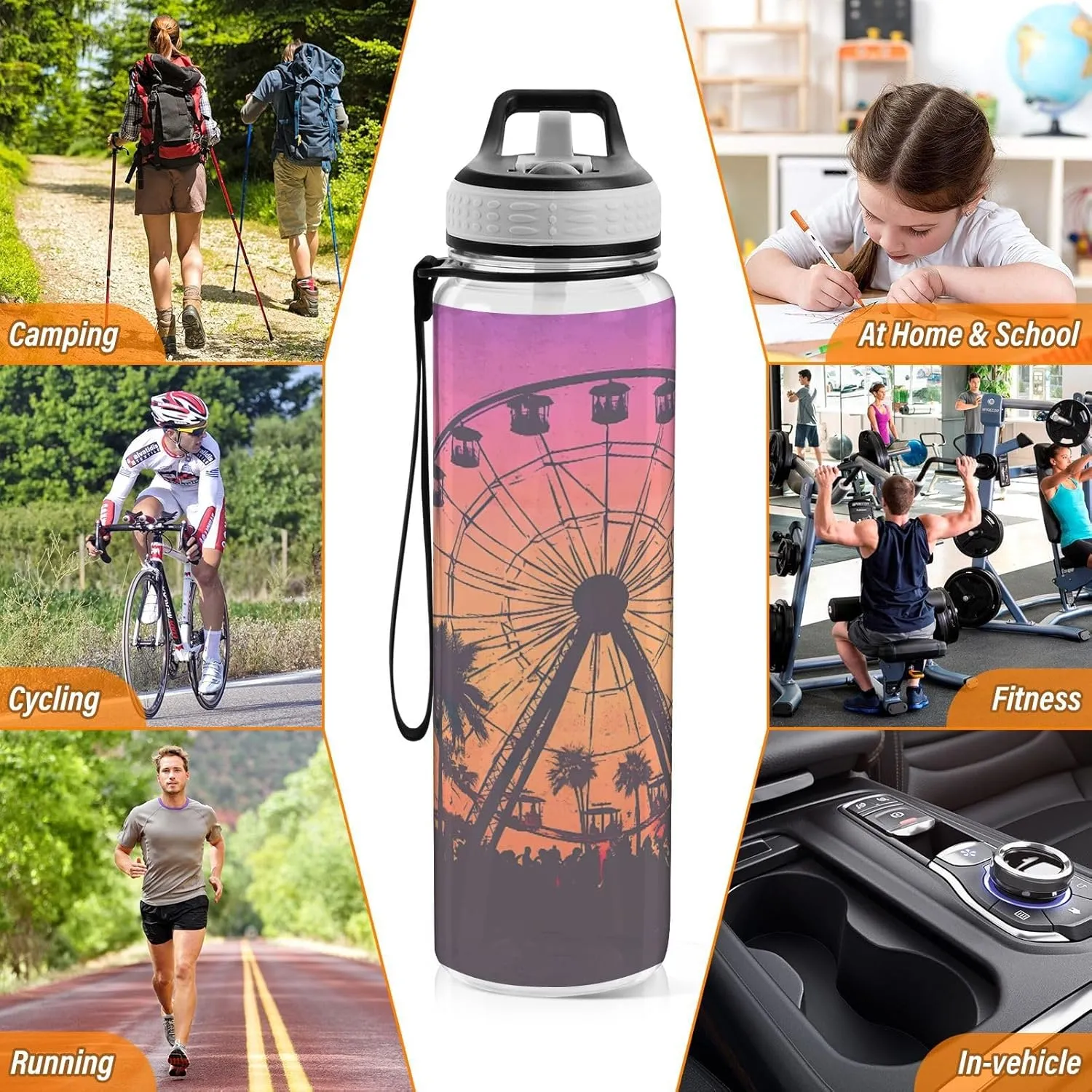Joisal Ferris Wheel Sunset 32 Oz Straw Water Bottle BPA-Free Personalized Water Bottles for Outdoor Sports