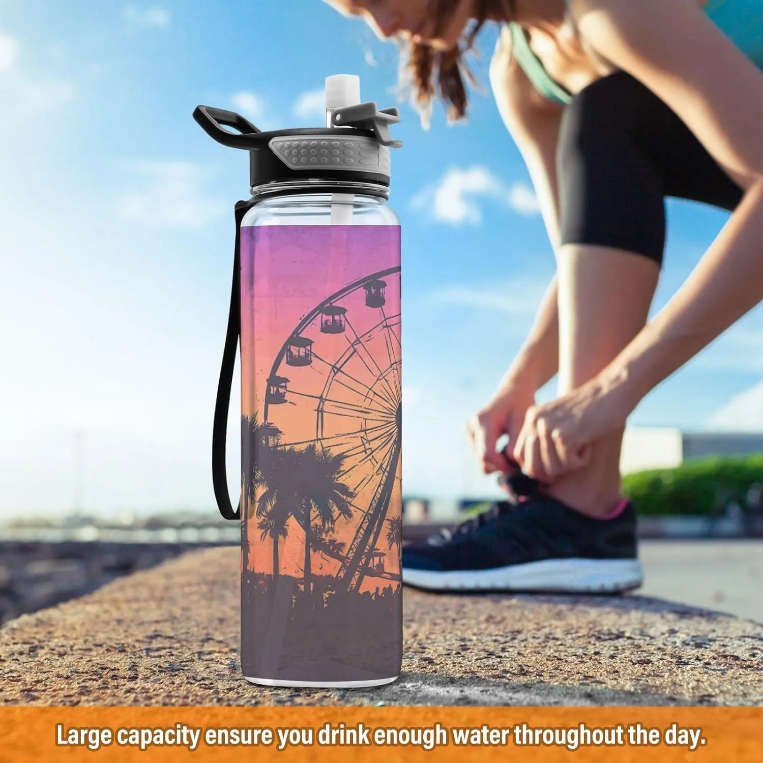 Joisal Ferris Wheel Sunset 32 Oz Straw Water Bottle BPA-Free Personalized Water Bottles for Outdoor Sports