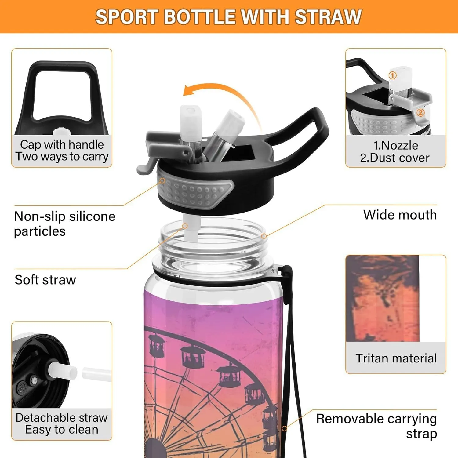 Joisal Ferris Wheel Sunset 32 Oz Straw Water Bottle BPA-Free Personalized Water Bottles for Outdoor Sports