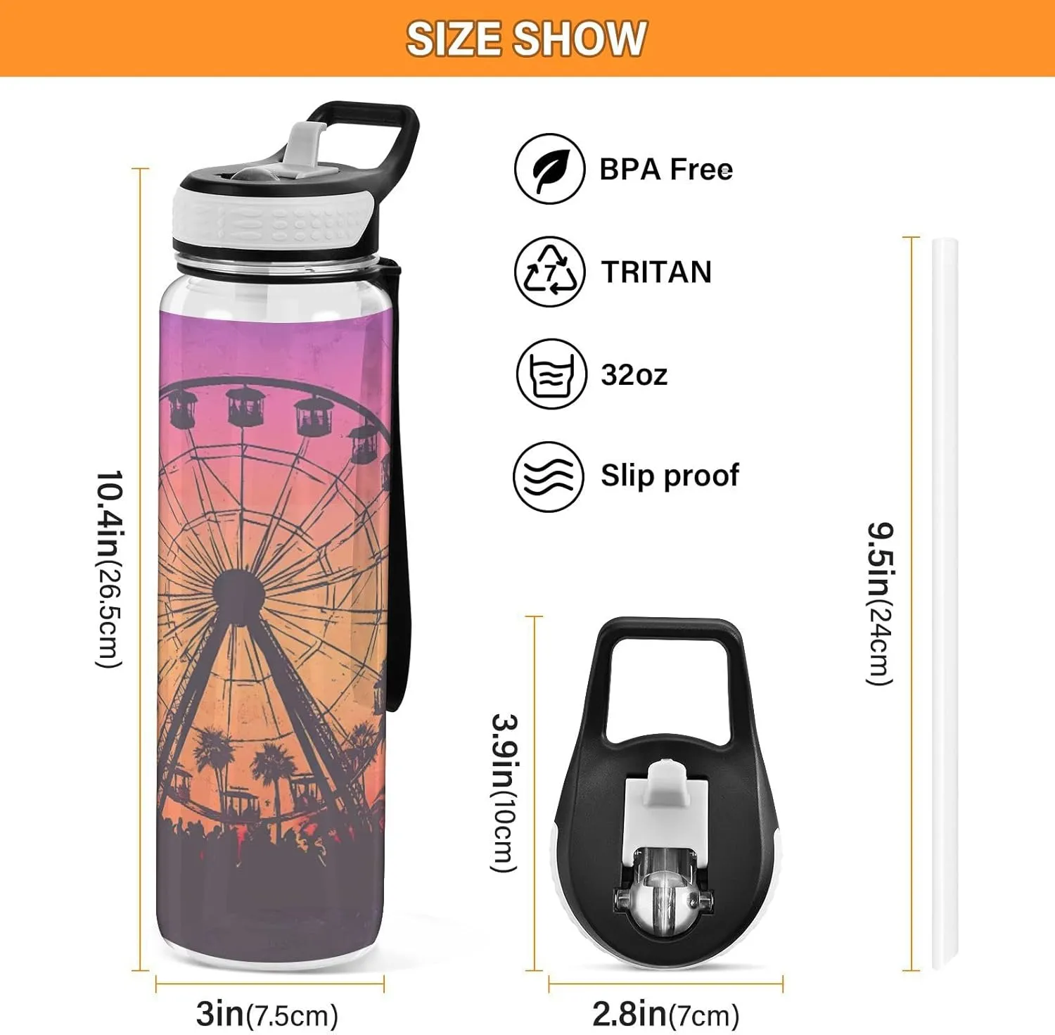 Joisal Ferris Wheel Sunset 32 Oz Straw Water Bottle BPA-Free Personalized Water Bottles for Outdoor Sports