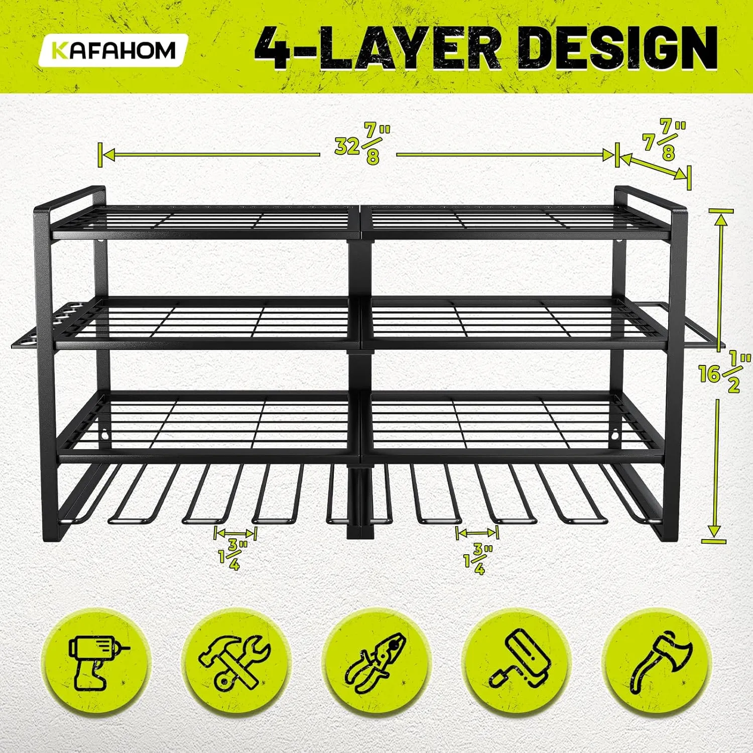 KAFAHOM Power Tool Organizer-8 Drill Holder Wall Mount,4 Layer Heavy Duty Metal Power Tool Storage Rack,Garage Tool Organizer and Storage with Screwdriver Holder/Plier Holder/Hammer Holder
