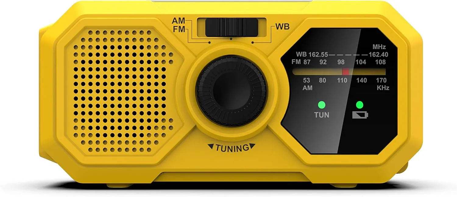 Kaito V5 Emergency Radio - Solar Panel and Hand Crank – LED Flashlight – Voyager Mini NOAA Weather Radio - AM/FM Radio Rechargeable Battery (Yellow)